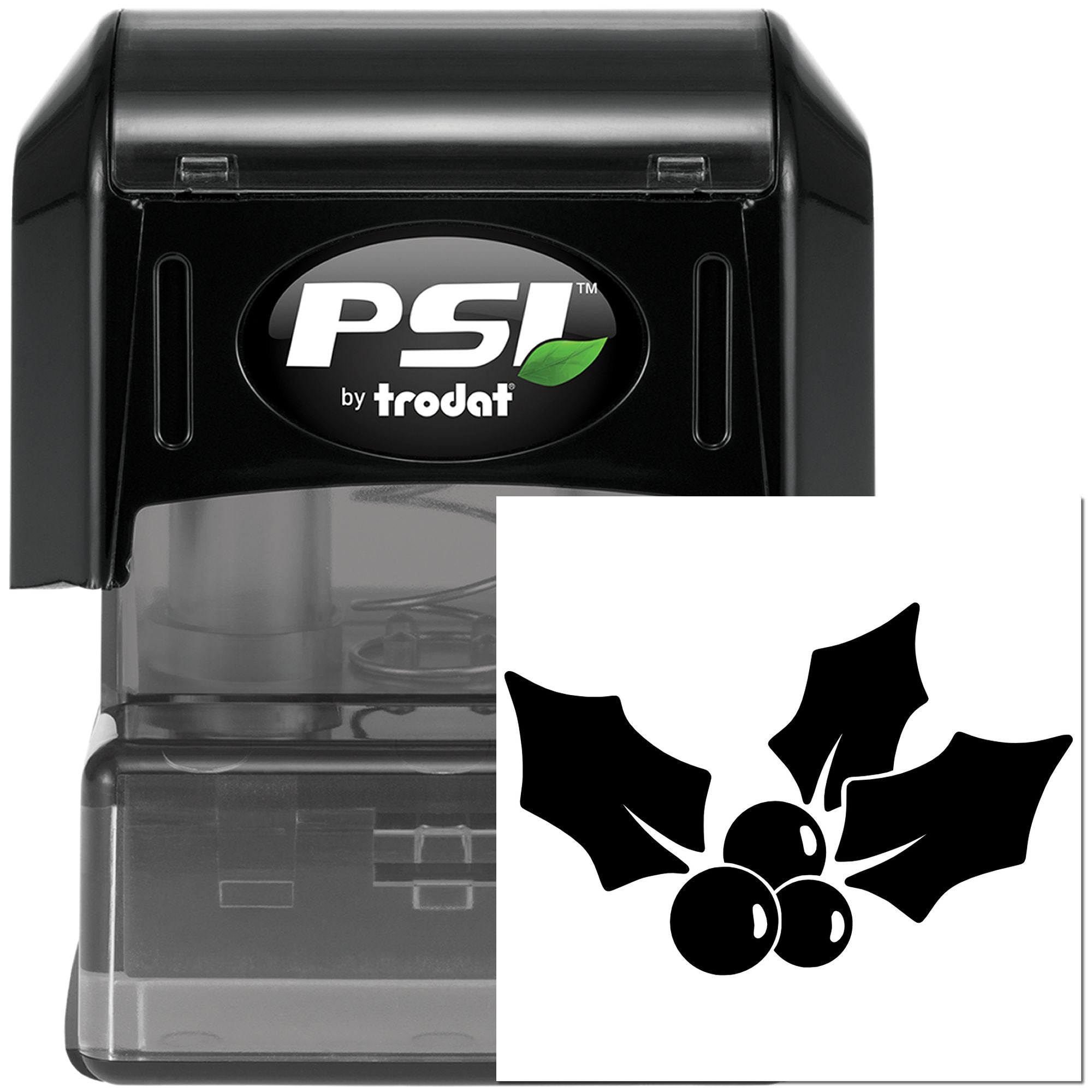 PSI by Trodat self-inking rubber stamp with holiday holly and berries design for custom Christmas stamping