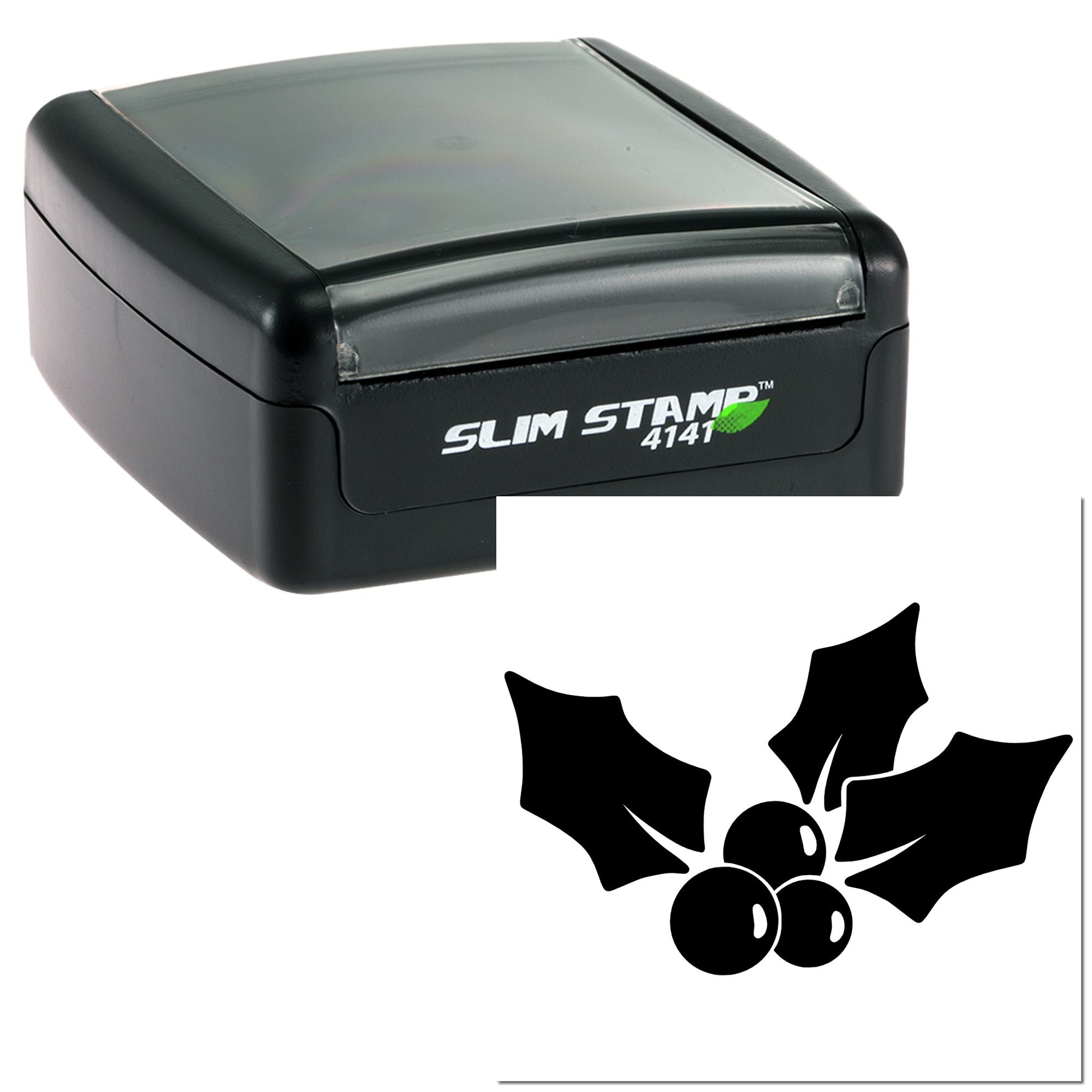 Slim self-inking rubber stamp with holly berry design, ideal for Christmas cards, gift tags, and holiday branding.