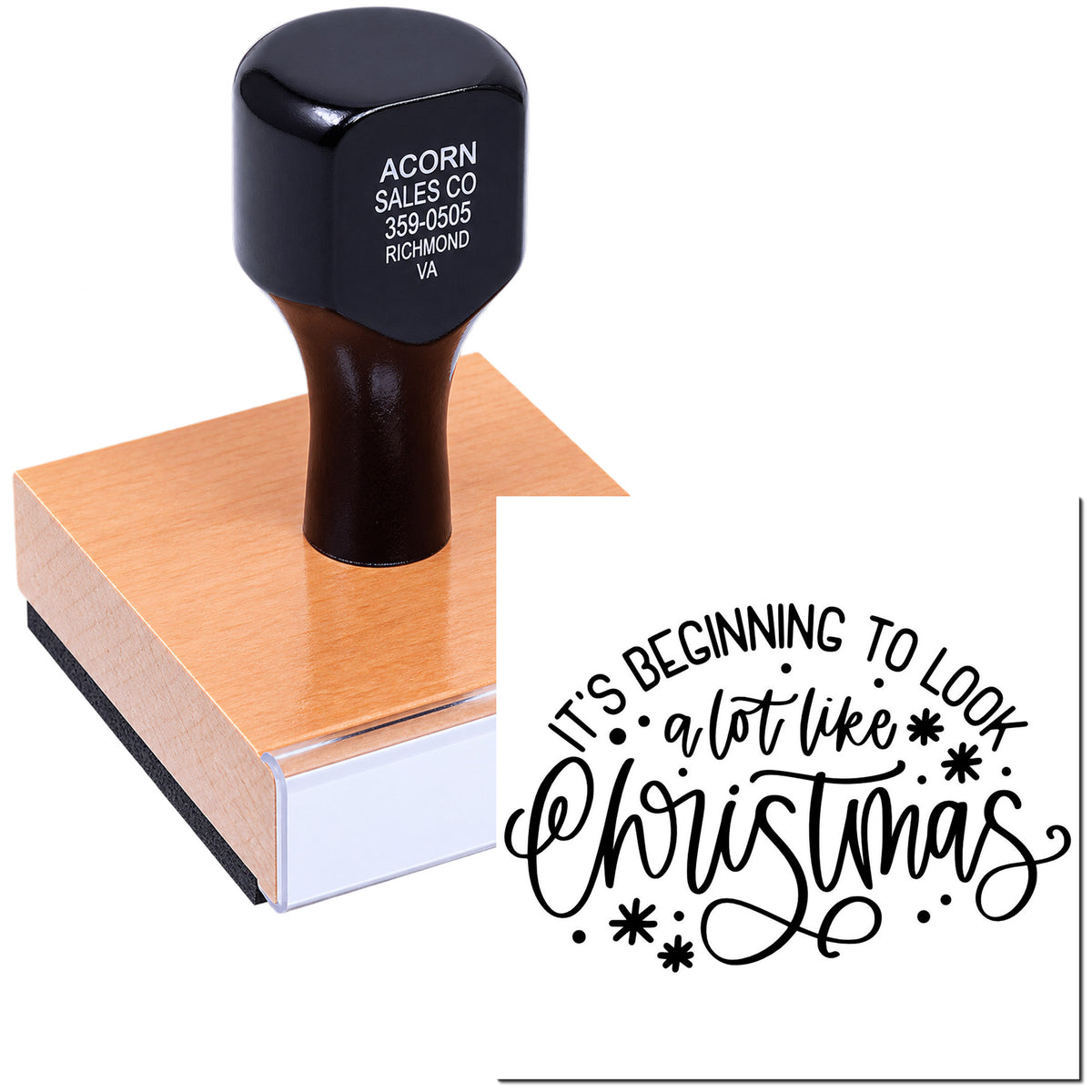 Wood-handled Christmas rubber stamp printing Its Beginning to Look a Lot Like Christmas for holiday cards and crafts.