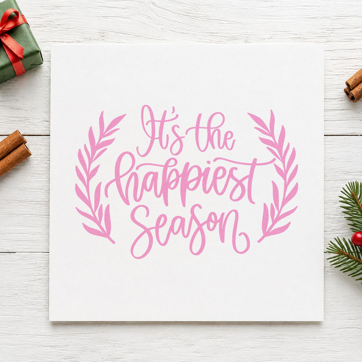 Happiest Season Leafy Frame craft stamp in purple ink on cardstock, an easy option for gratitude album page.