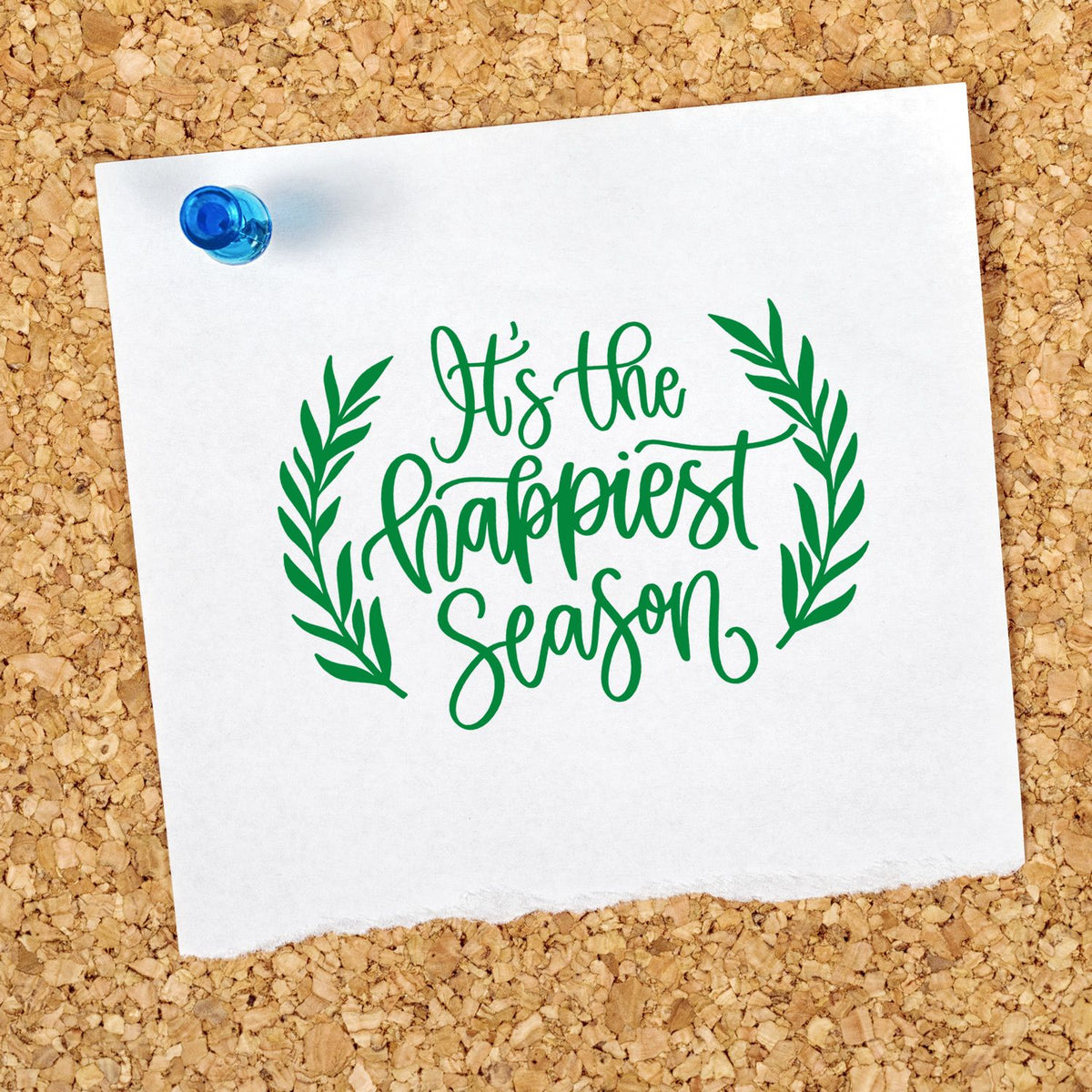 Happiest Season Leafy Frame rubber stamp shown in green ink, stamped for projects such as gratitude album page.