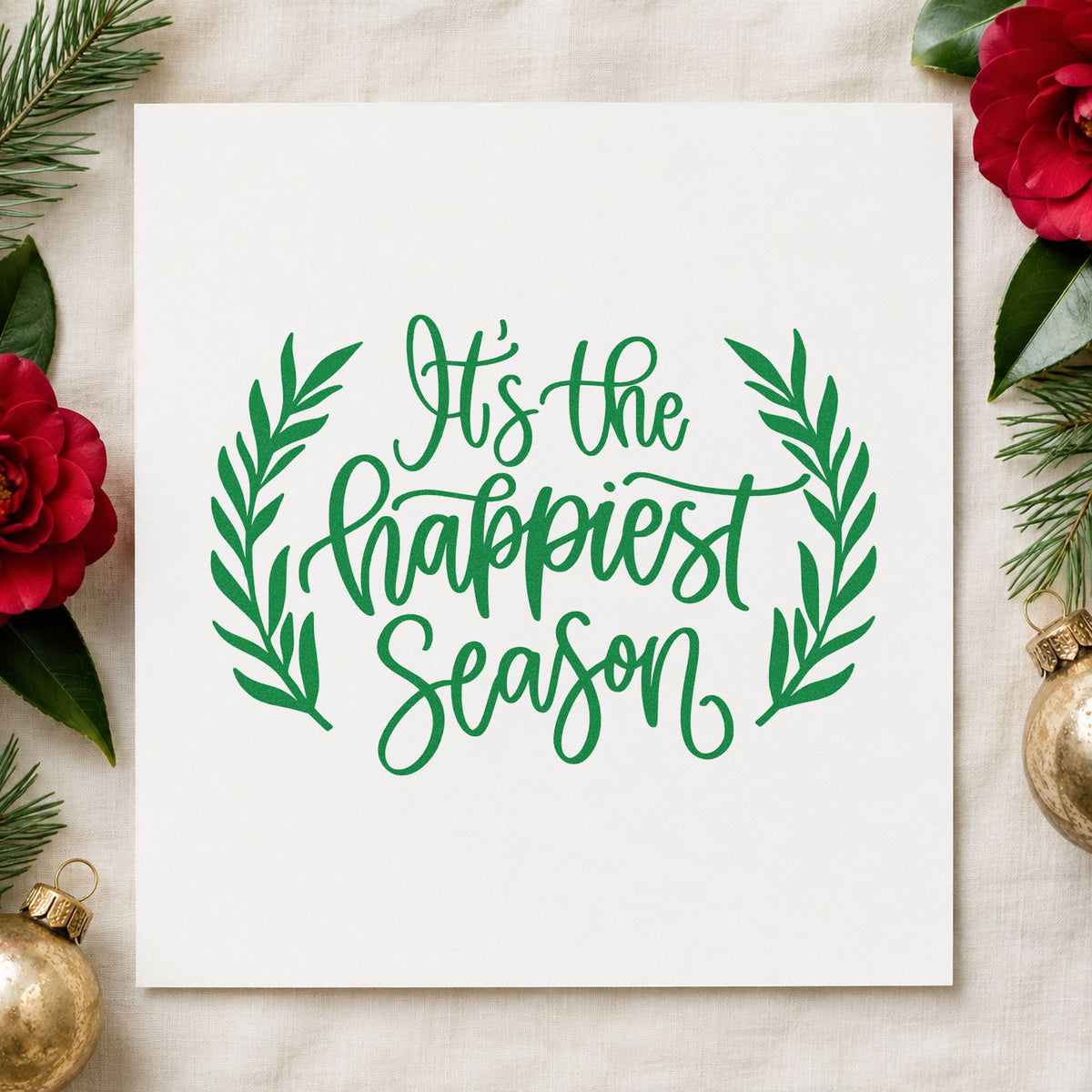 Happiest Season Leafy Frame craft stamp imprint in green ink on a handmade project, one idea being thank you gift tags.