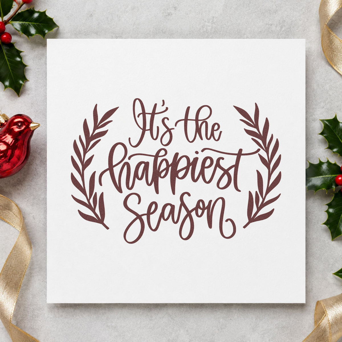 Happiest Season Leafy Frame rubber stamp printed in brown ink, ready for highlight log sheet and similar paper crafts.