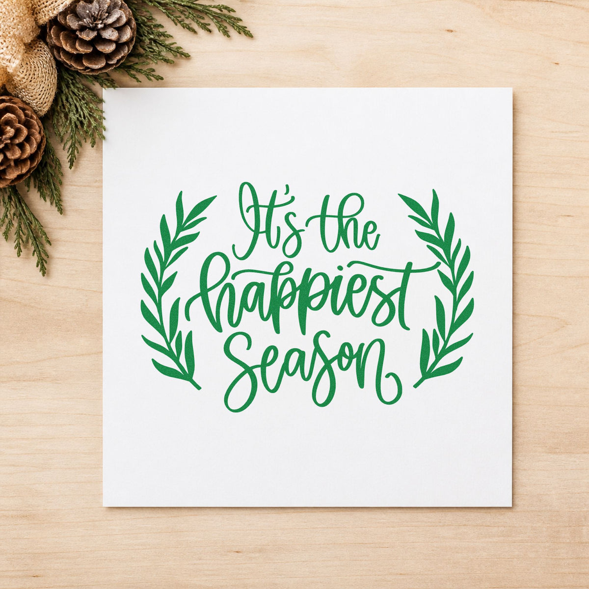 Happiest Season Leafy Frame craft stamp imprinted in green ink on paper, a design suited to framed desk plaque.