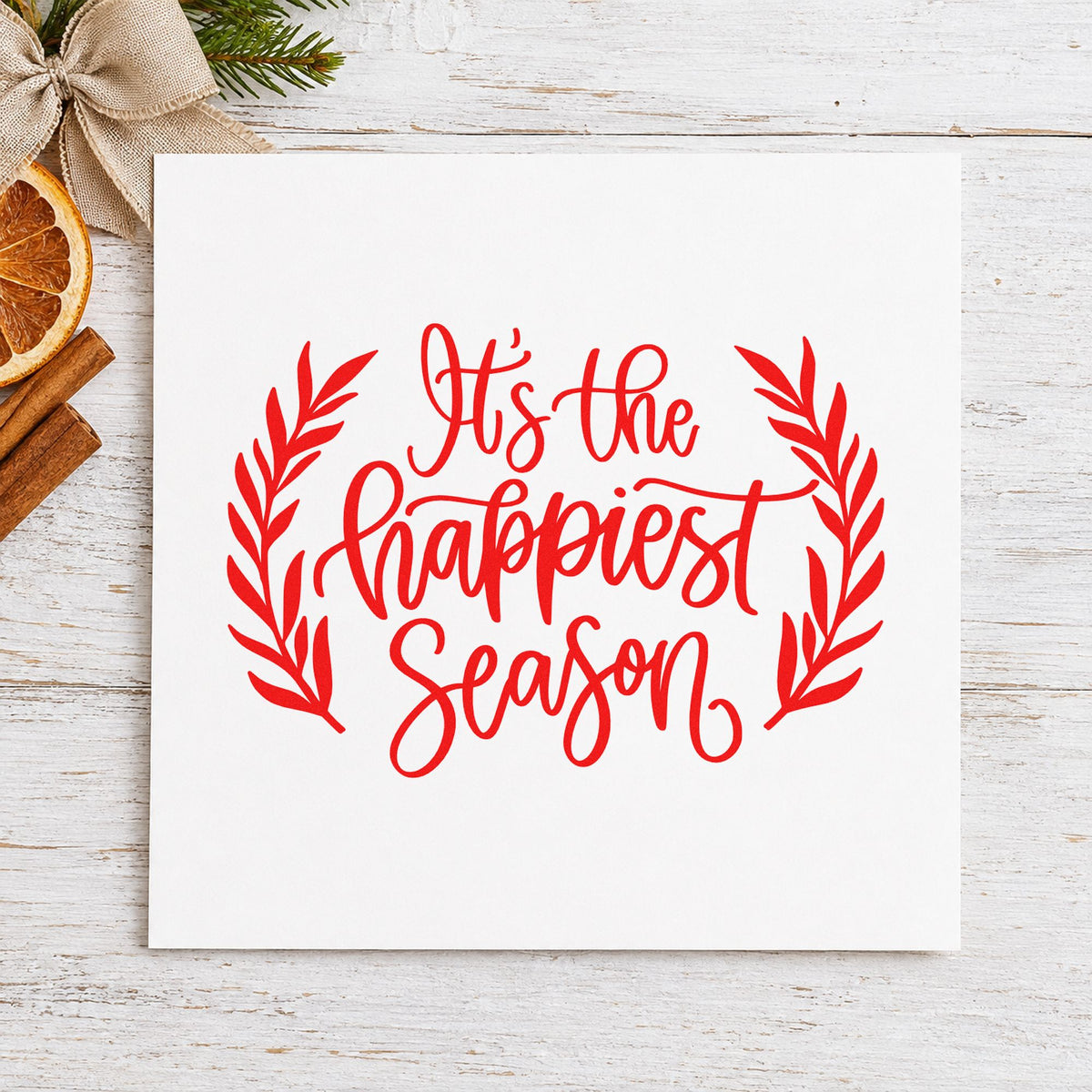 Happiest Season Leafy Frame rubber stamp shown in red ink, stamped for projects such as treat box seals.