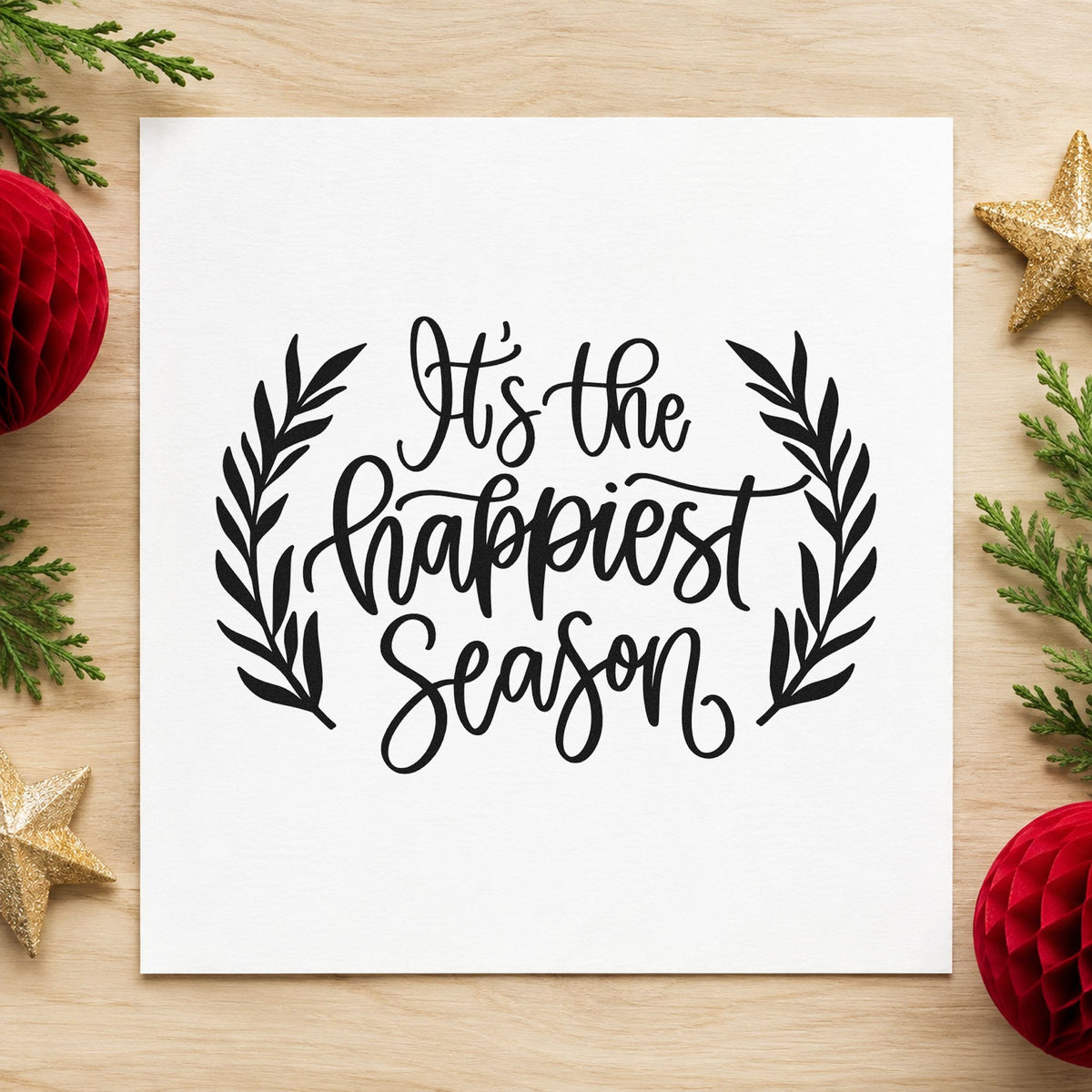 Happiest Season Leafy Frame rubber stamp printed in black ink, ready for happiest season cards and similar paper crafts.