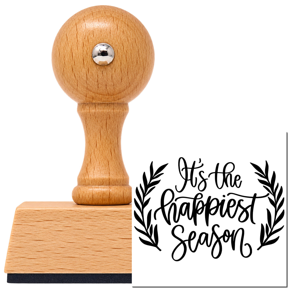 Happiest Season Leafy Framed Lettering Vintage Pro rubber stamp in European beech wood with a round knob handle, shown beside its black imprint.