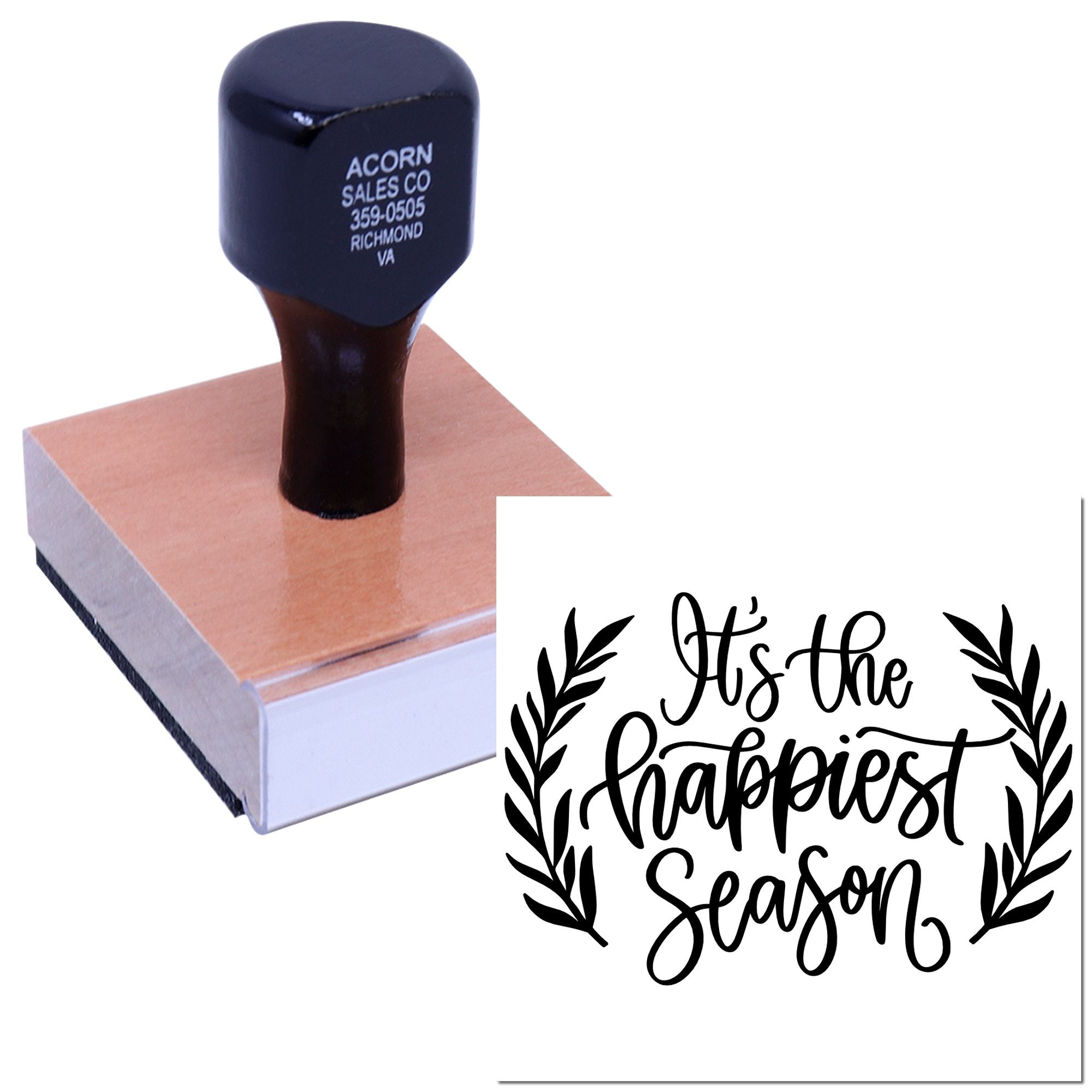 Custom rubber stamp with Its the Happiest Season holiday design for cards, scrapbooking, and seasonal crafts.