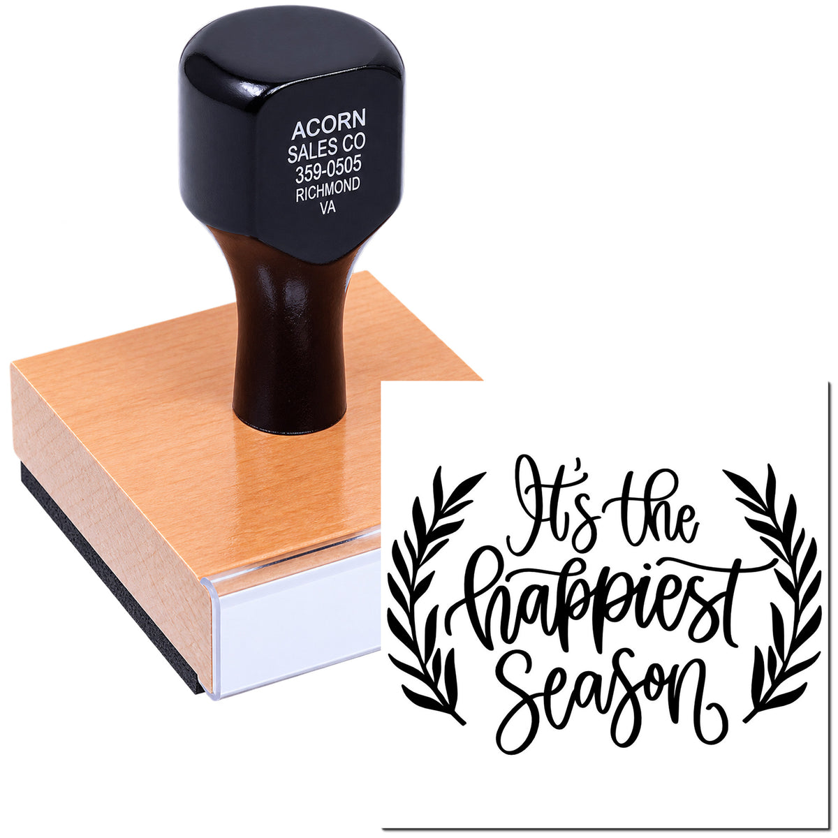 Custom rubber stamp with Its the Happiest Season holiday design for cards, scrapbooking, and seasonal crafts.
