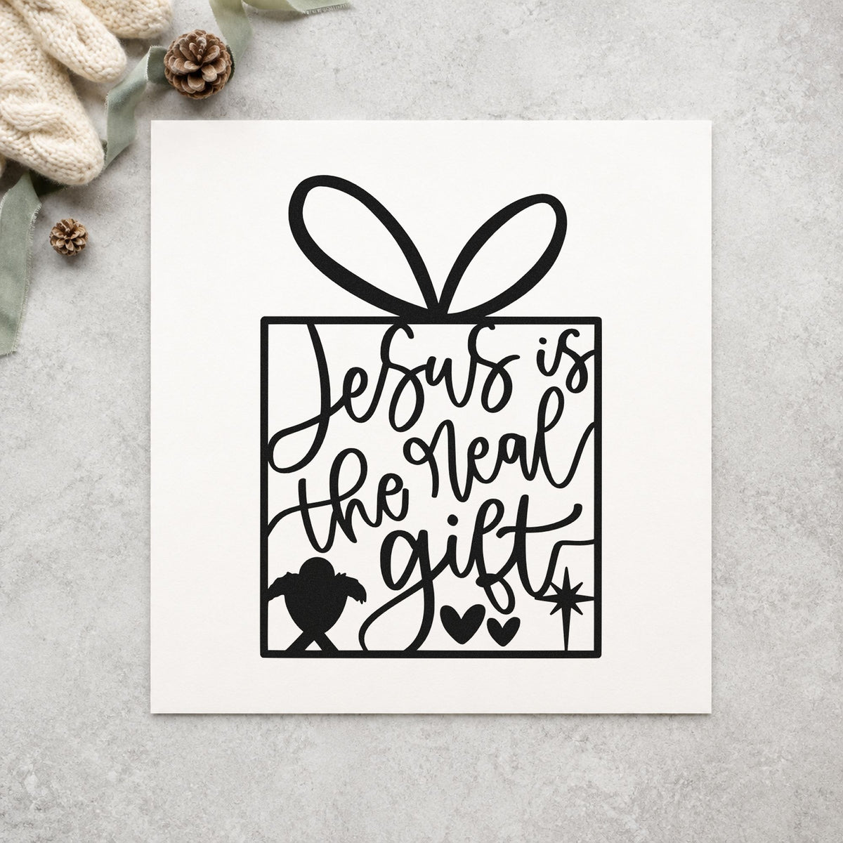 Jesus Is The Real Gift rubber stamp printed in black ink, ready for real gift cards and similar paper crafts.