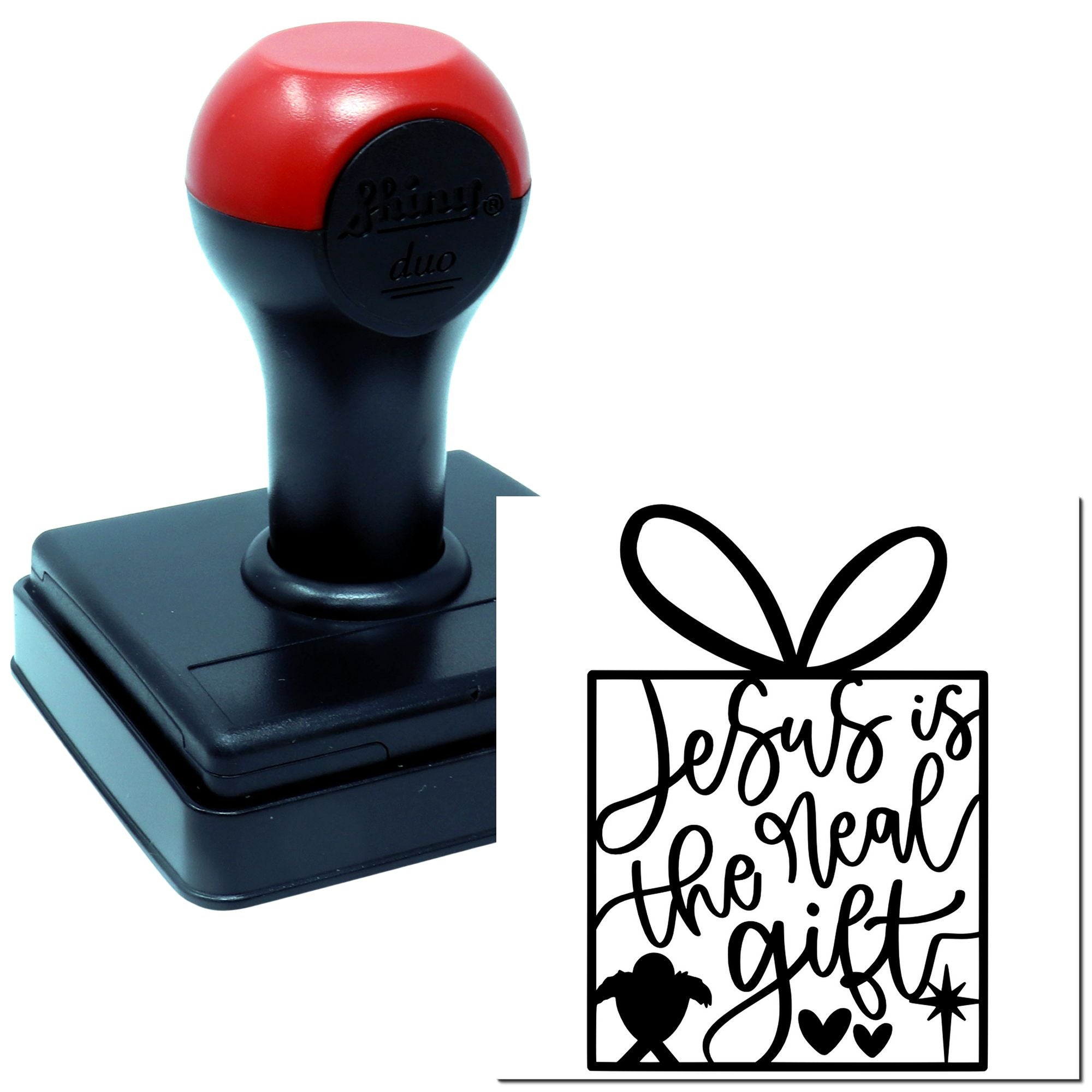 Self-inking rubber stamp featuring Jesus is the Great Gift gift box design for Christian crafts, church events, and packaging.