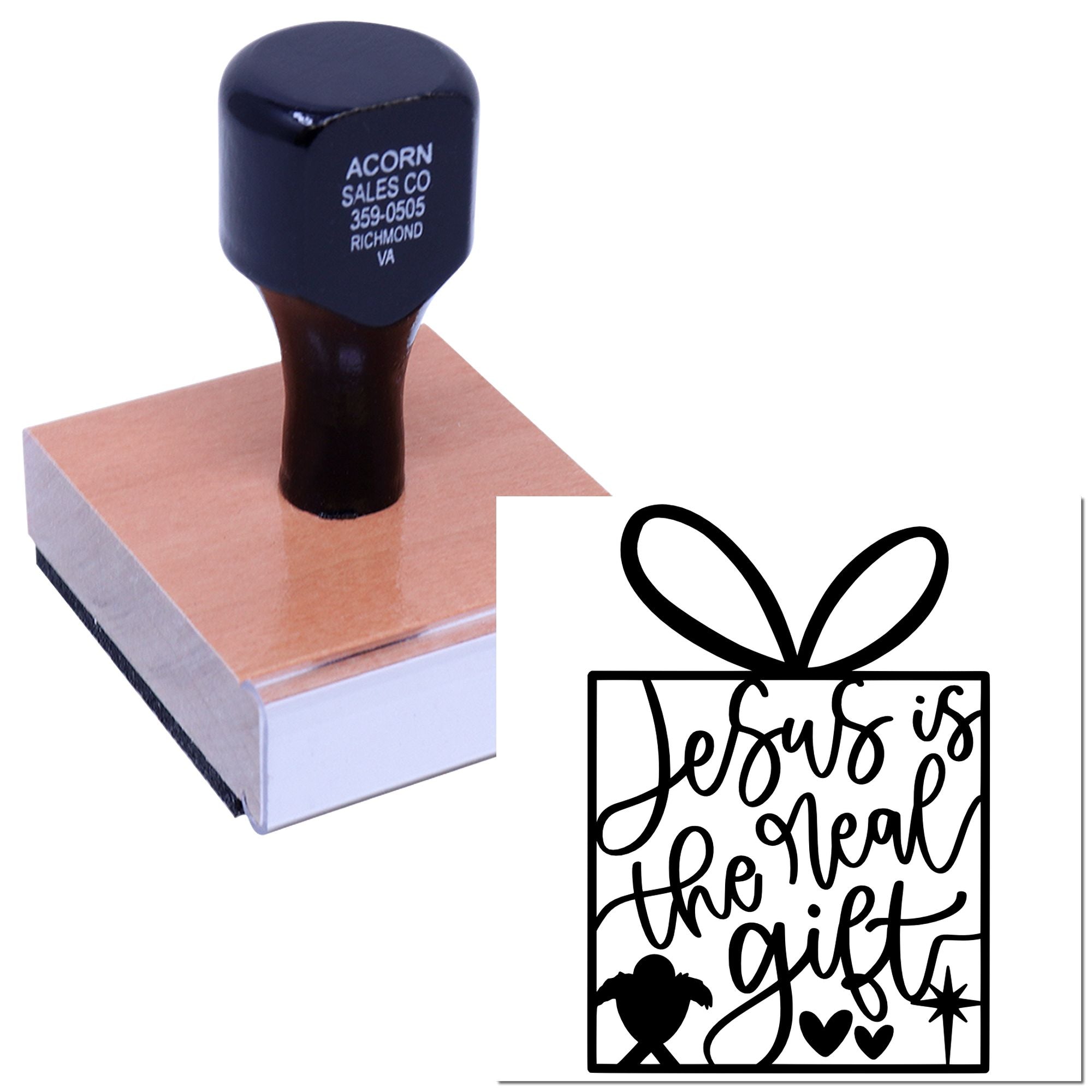 Custom Christian rubber stamp with Jesus is the real gift design for faith-based gift wrap, cards, and packaging.