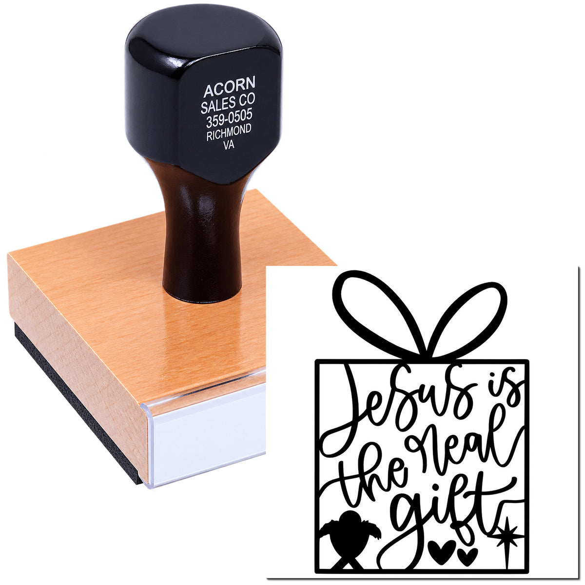 Custom Christian rubber stamp with Jesus is the real gift design for faith-based gift wrap, cards, and packaging.