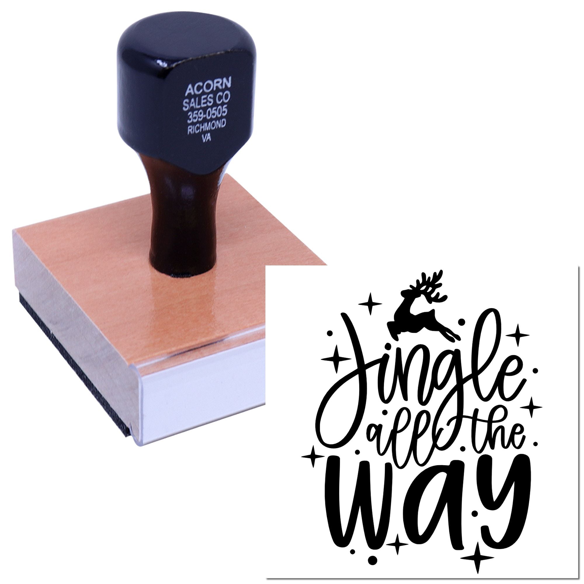 Custom rubber stamp with Jingle All the Way reindeer design, perfect for holiday cards, crafts, and packaging.