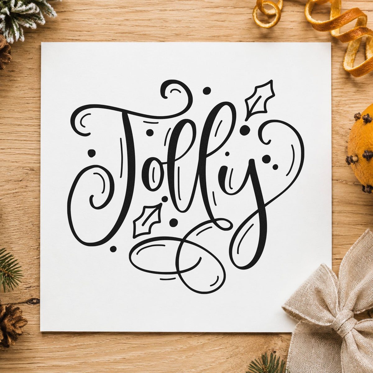 Jolly With Holly rubber stamp printed in black ink, ready for ornate jolly cards and similar paper crafts.
