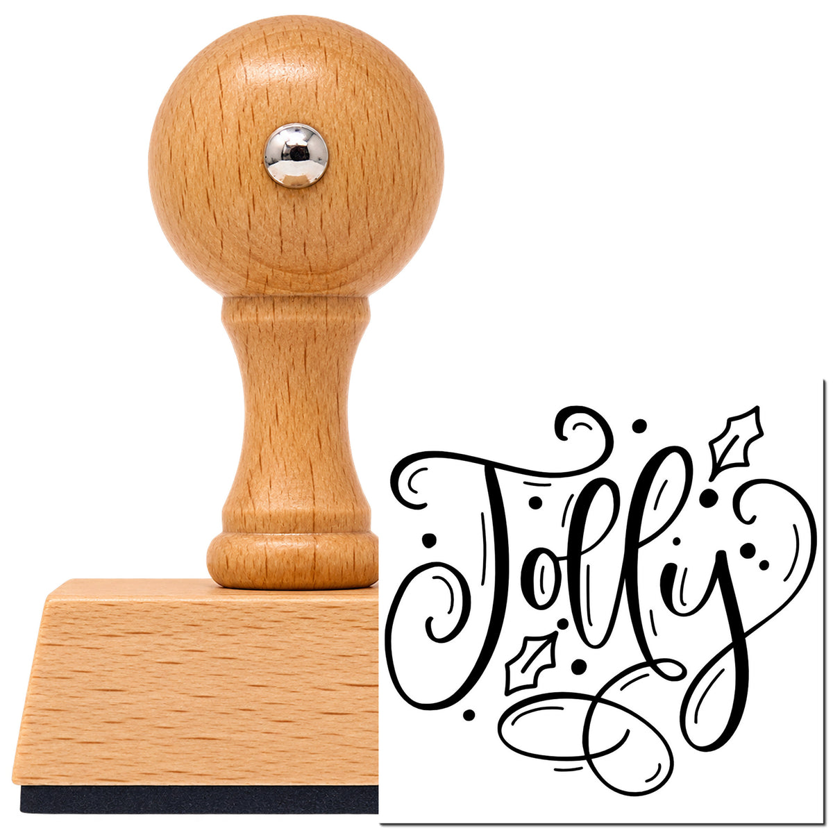 Jolly With Holly Vintage Pro rubber stamp in European beech wood with a round knob handle, shown beside its black imprint.