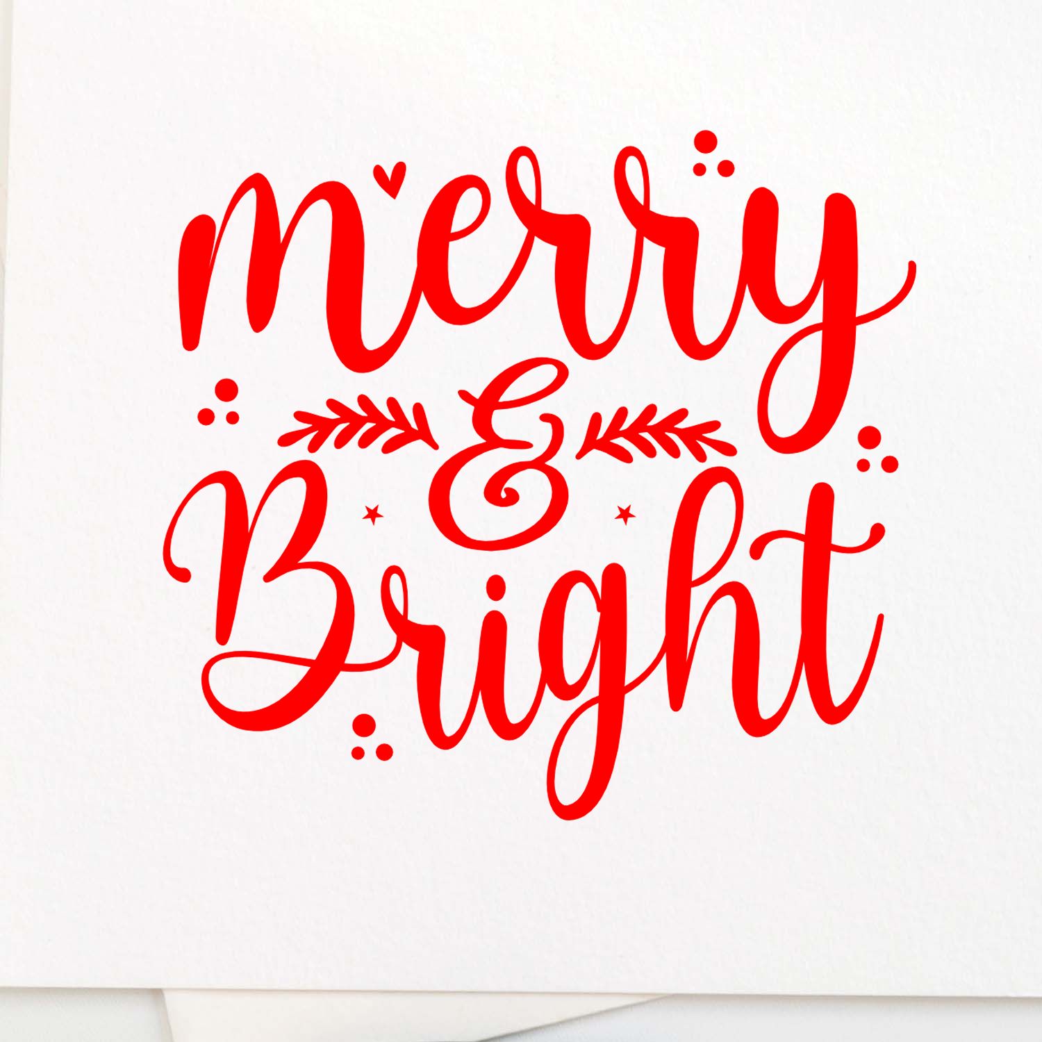 Merry and Bright Christmas rubber stamp design in red script with festive accents for holiday cards and crafts
