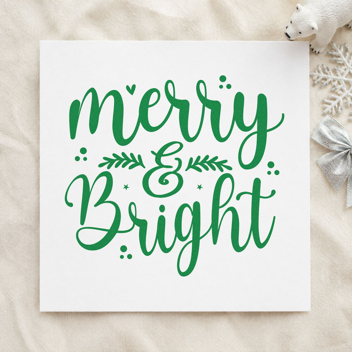 Merry And Bright Leaves craft stamp imprinted in green ink on paper, a design suited to framed kitchen ledge.