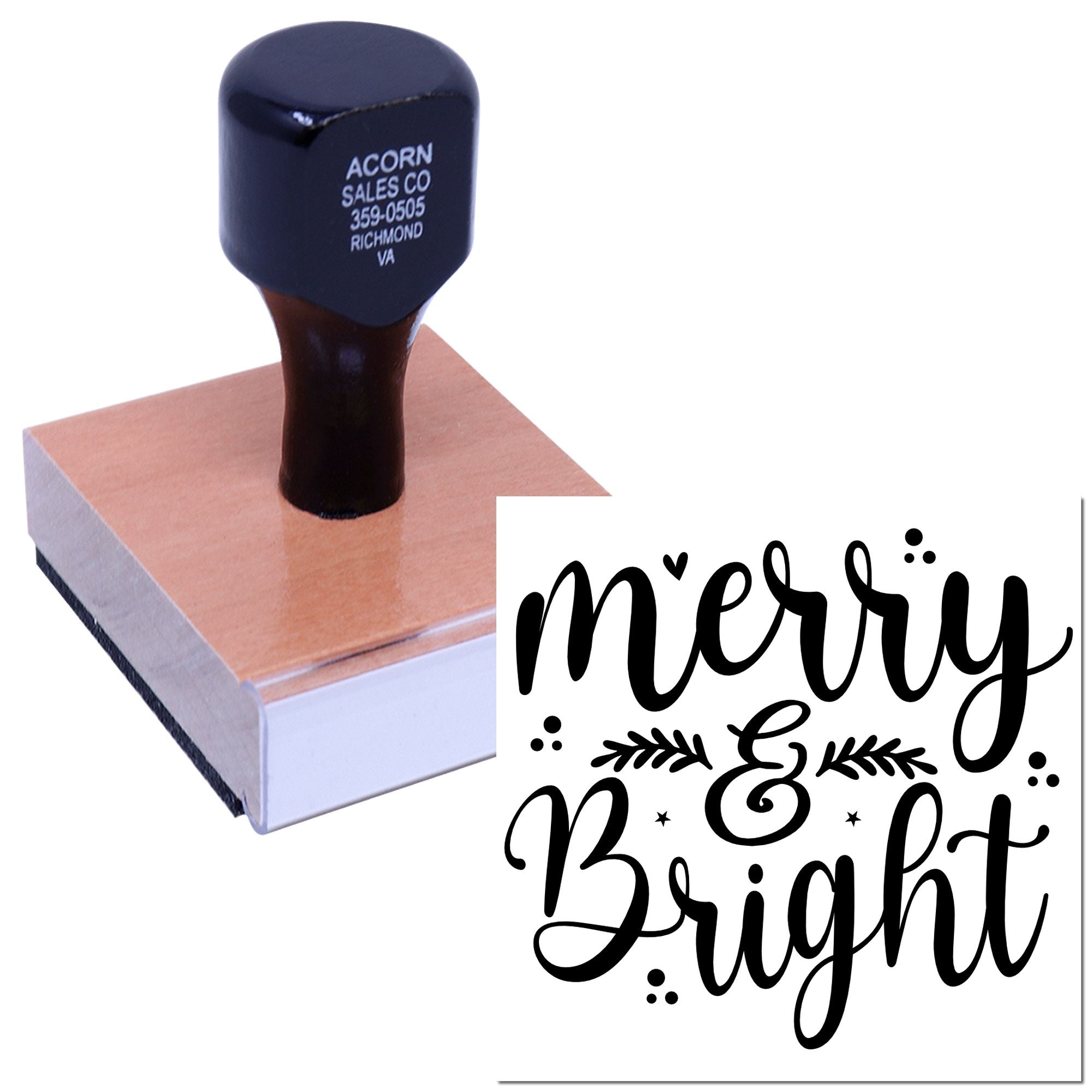 Personalized Merry & Bright rubber stamp on self-inking mount for holiday cards, gift tags, and festive packaging.