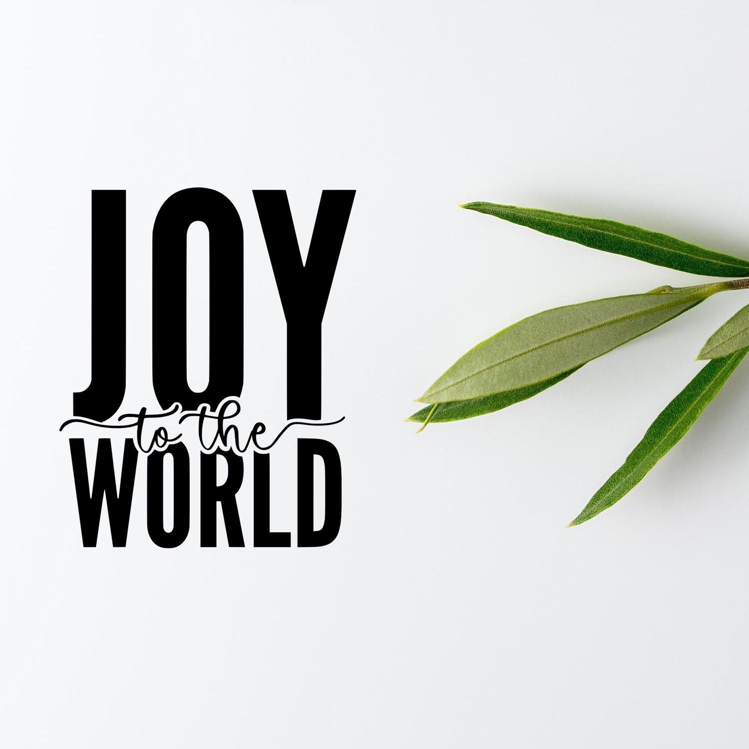 Joy to the World rubber stamp design with green leaves, ideal for holiday cards, seasonal crafts, and festive packaging.