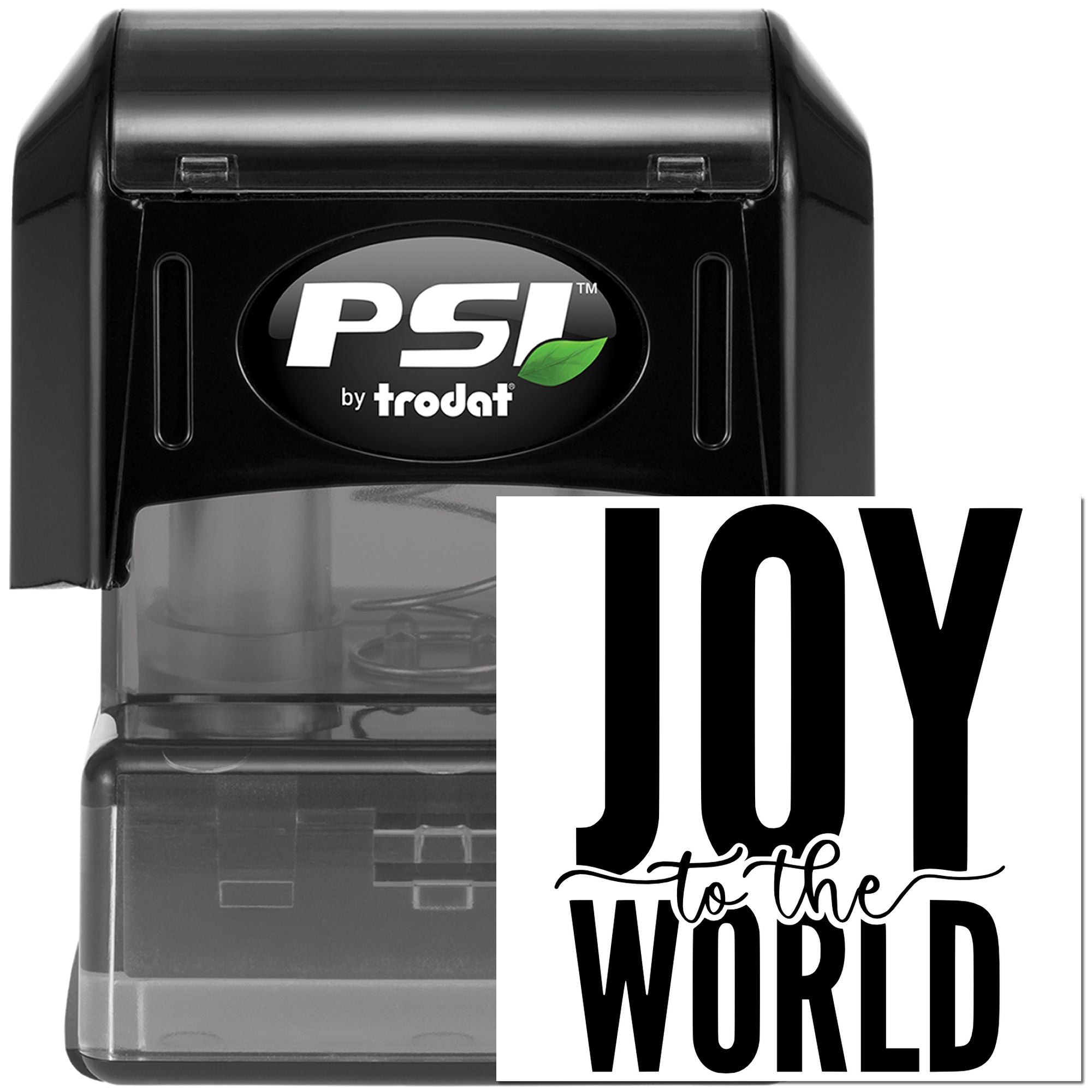 Black PSI by Trodat self-inking rubber stamp with Joy to the World holiday design for custom Christmas crafts.