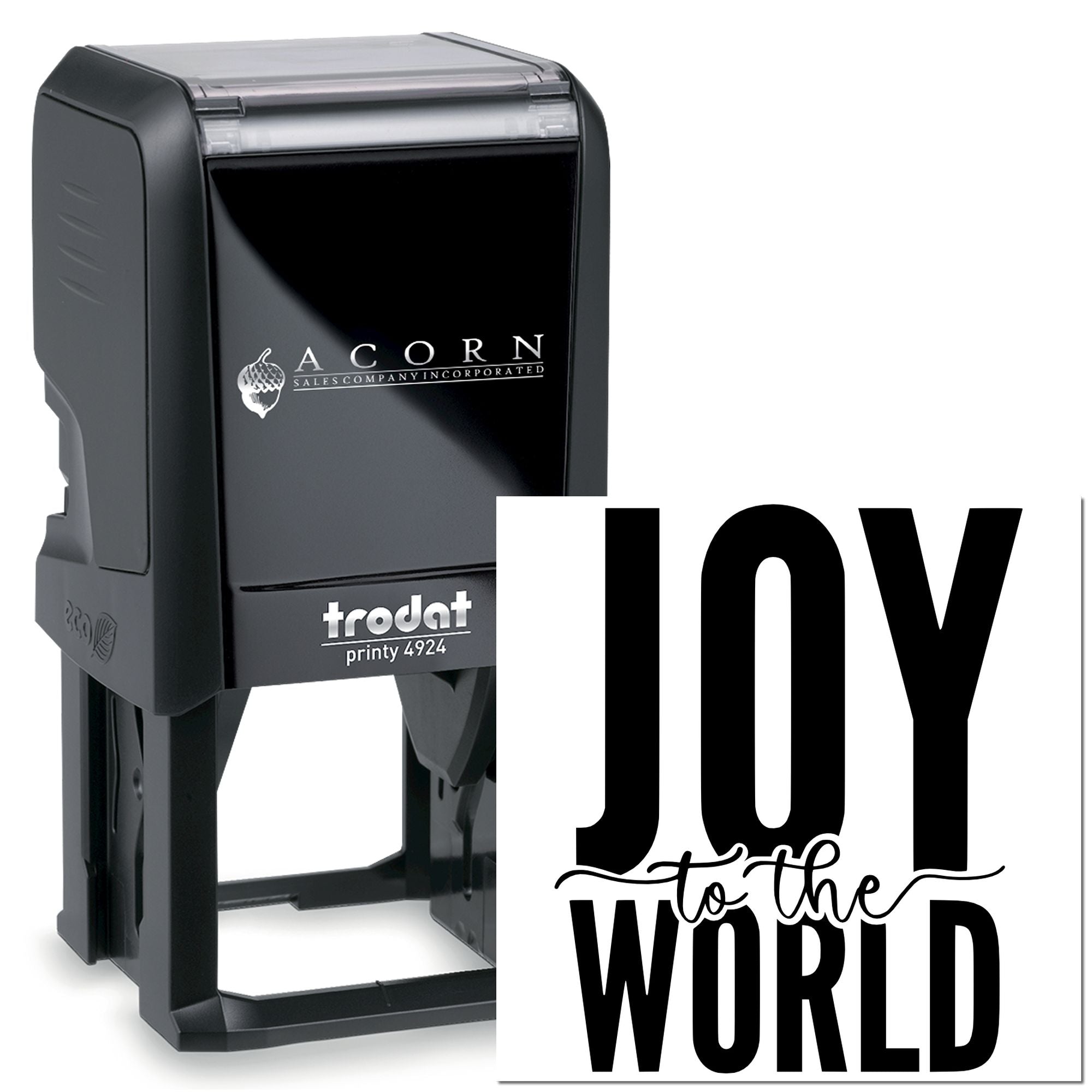 Custom self-inking rubber stamp with Joy to the World imprint, Trodat Printy 4924, ideal for holiday card making.