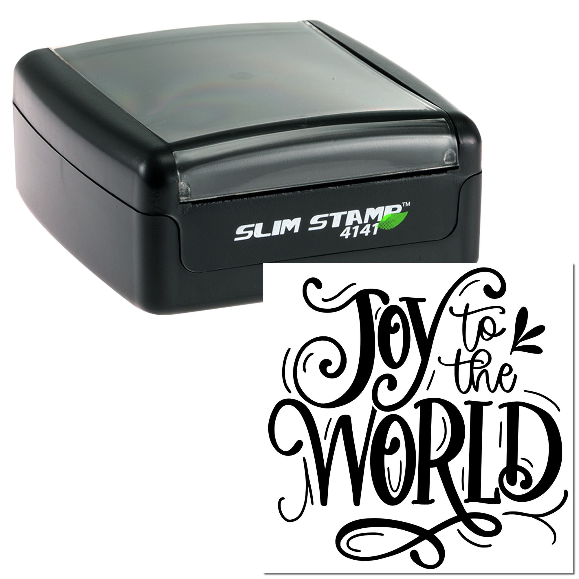 Slim self-inking rubber stamp with Joy to the World design for Christmas cards, crafts, and holiday packaging.