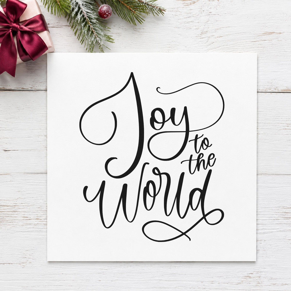 Joy To The World Thin Script rubber stamp printed in black ink, ready for thin script cards and similar paper crafts.