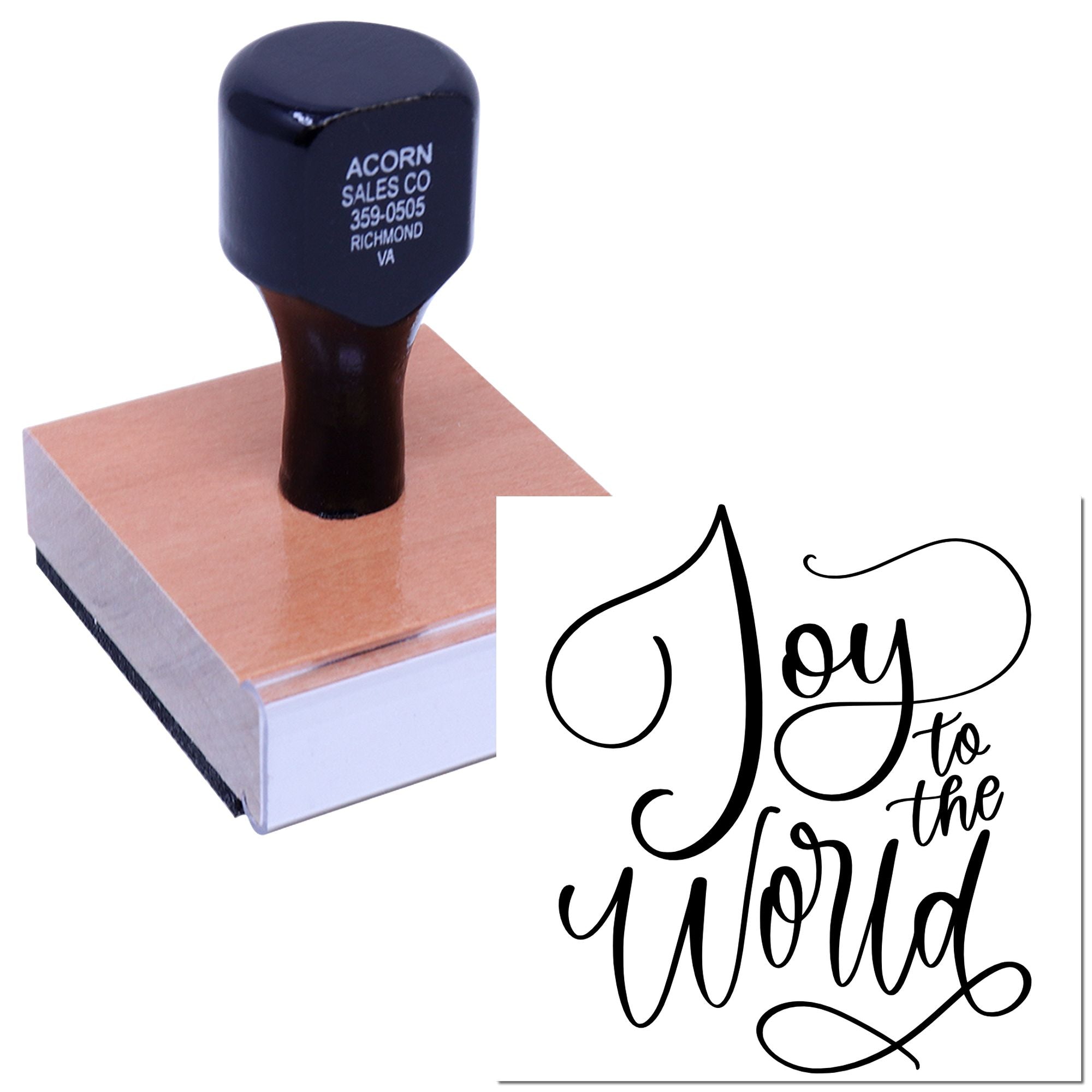 Custom rubber stamp with Joy to the World calligraphy design for holiday cards, crafts, and festive packaging.