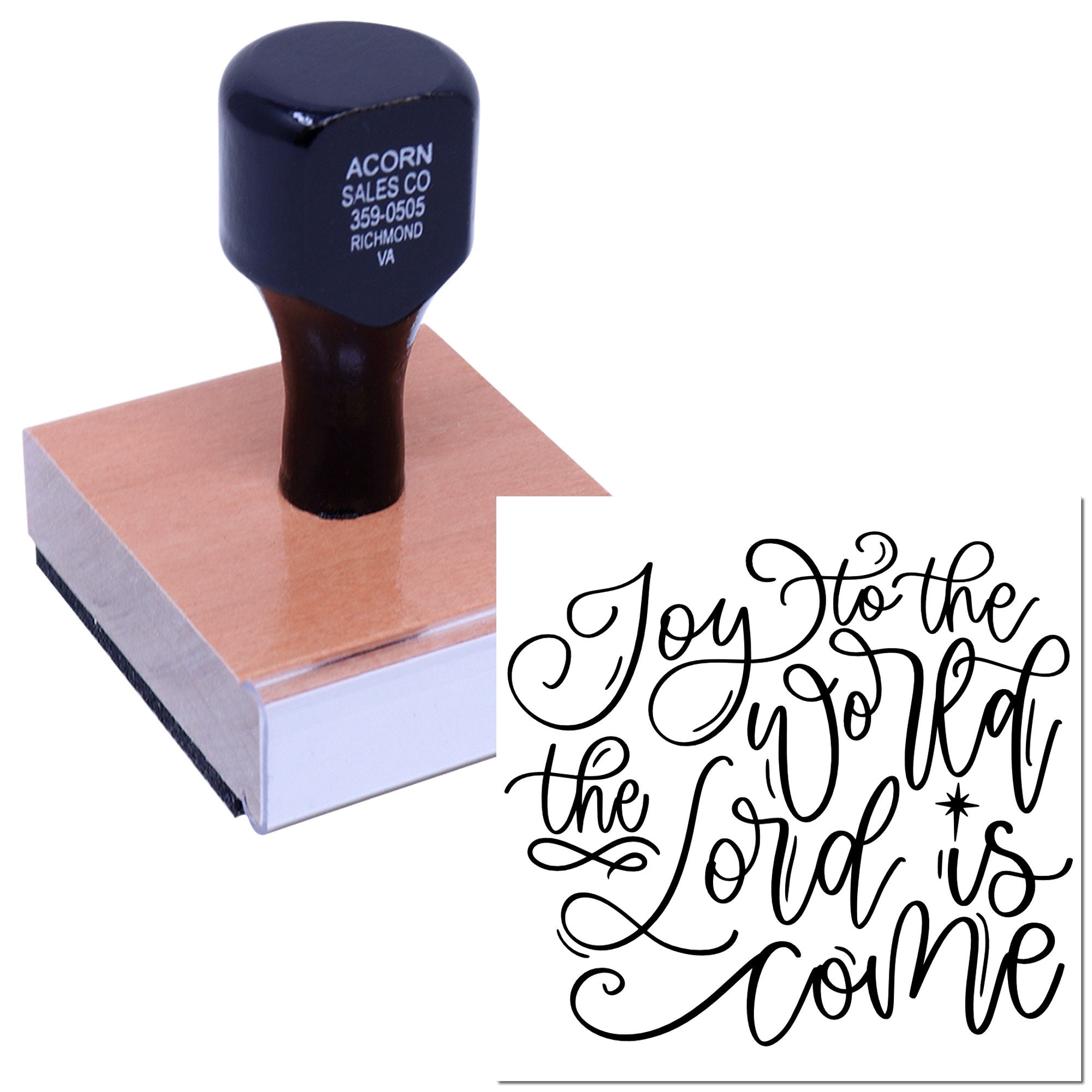 Christmas rubber stamp with Joy to the World, the Lord is Come calligraphy for holiday cards and faith-based crafts