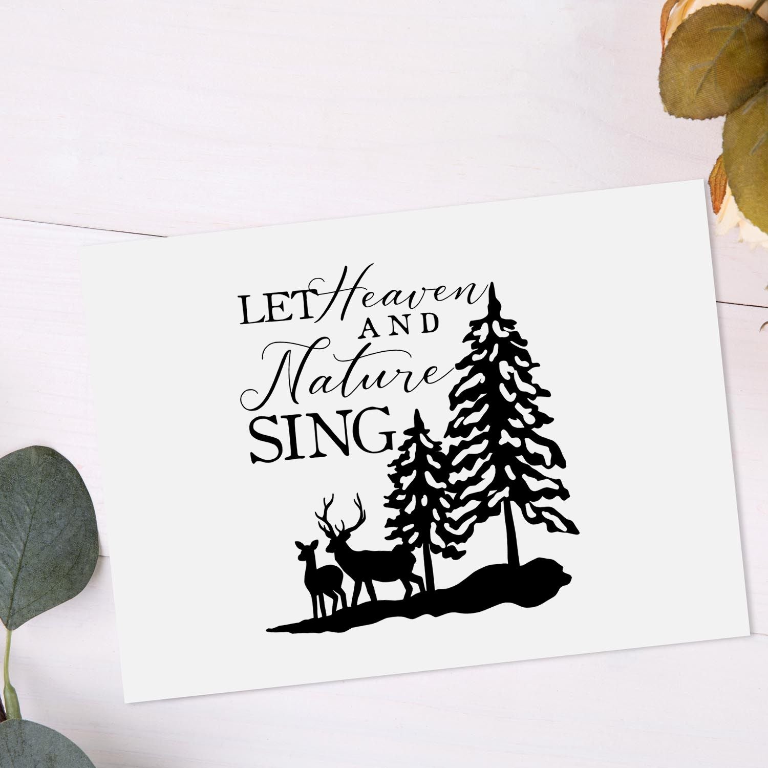 Let Heaven and Nature Sing rubber stamp with deer and pine trees, ideal for woodland holiday cards and rustic crafting.