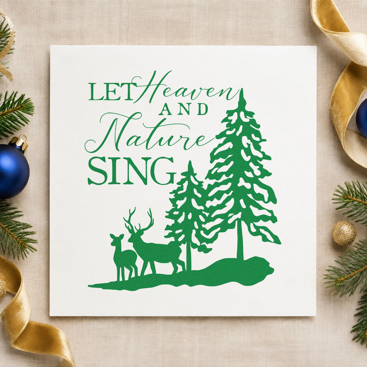 Heaven Nature Sing Deer craft stamp imprinted in green ink on paper, a design suited to framed porch bench.