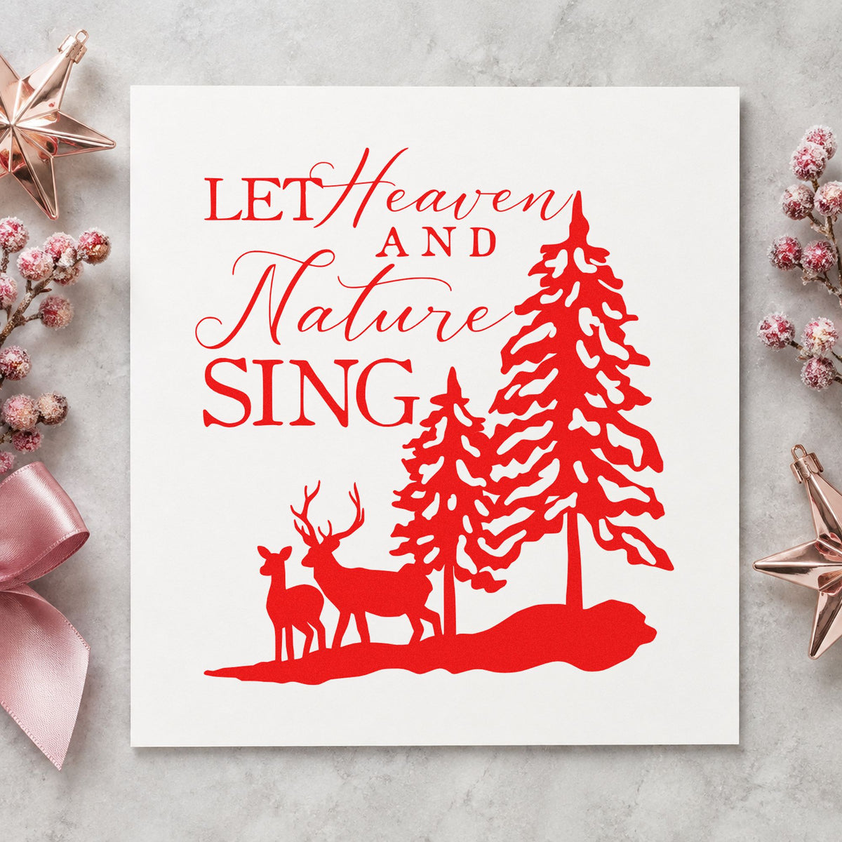 Heaven Nature Sing Deer rubber stamp shown in red ink, stamped for projects such as syrup bottle labels.