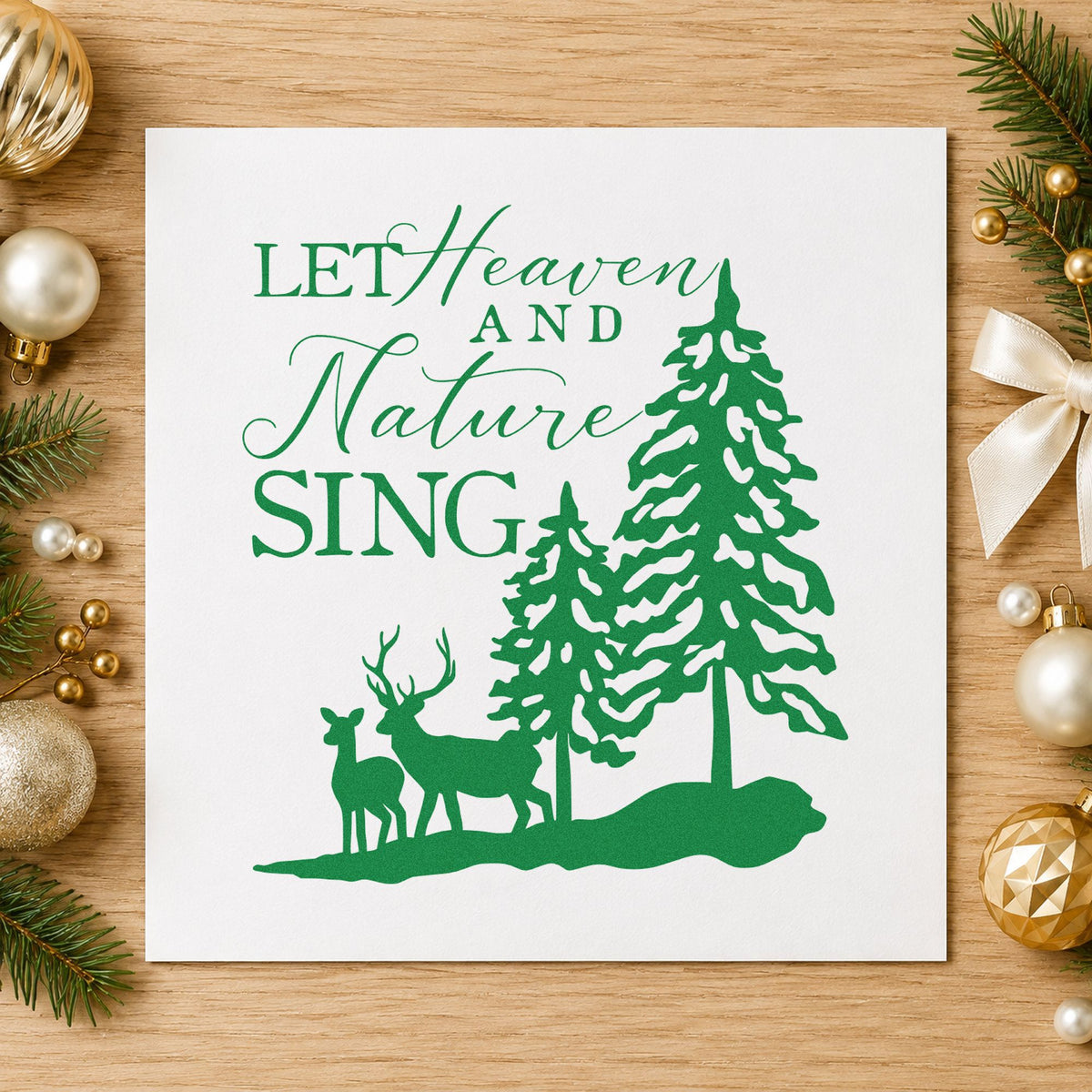 Heaven Nature Sing Deer craft stamp imprint in green ink on a handmade project, one idea being nature walk programs.