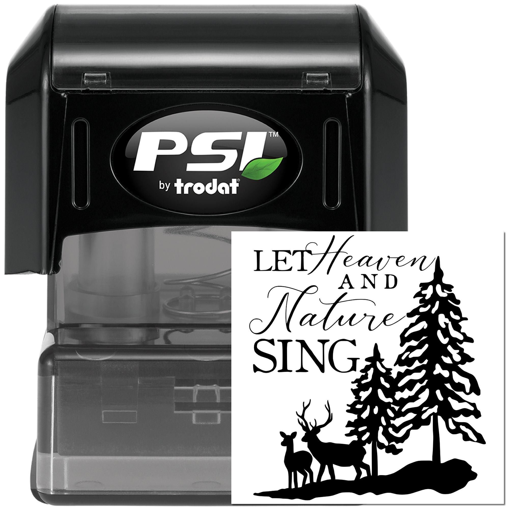 PSI by Trodat self-inking rubber stamp with Let Heaven and Nature Sing winter forest and deer design for holiday crafting.