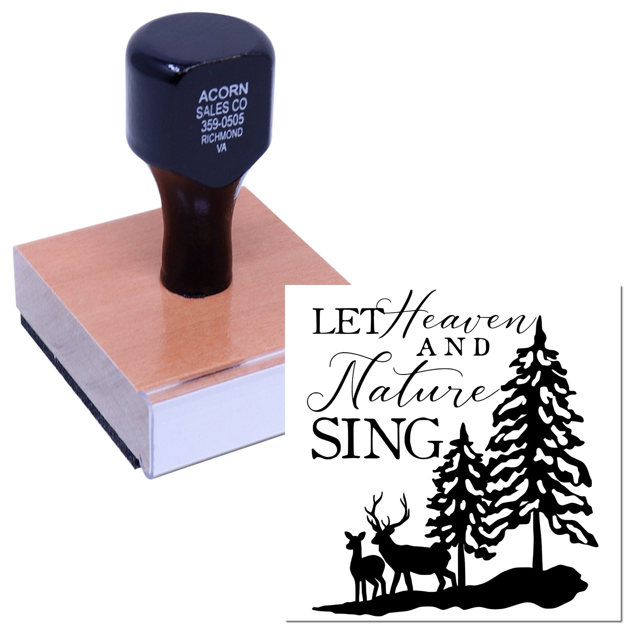 Custom wood handle rubber stamp with Let Heaven and Nature Sing pine tree and deer design for holiday cards and crafts.