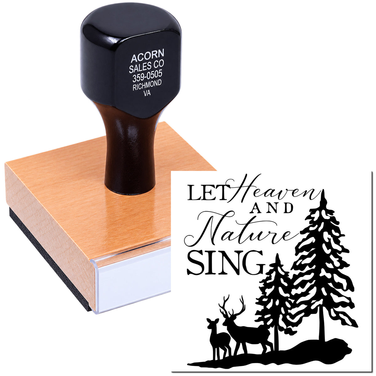 Custom wood handle rubber stamp with Let Heaven and Nature Sing pine tree and deer design for holiday cards and crafts.