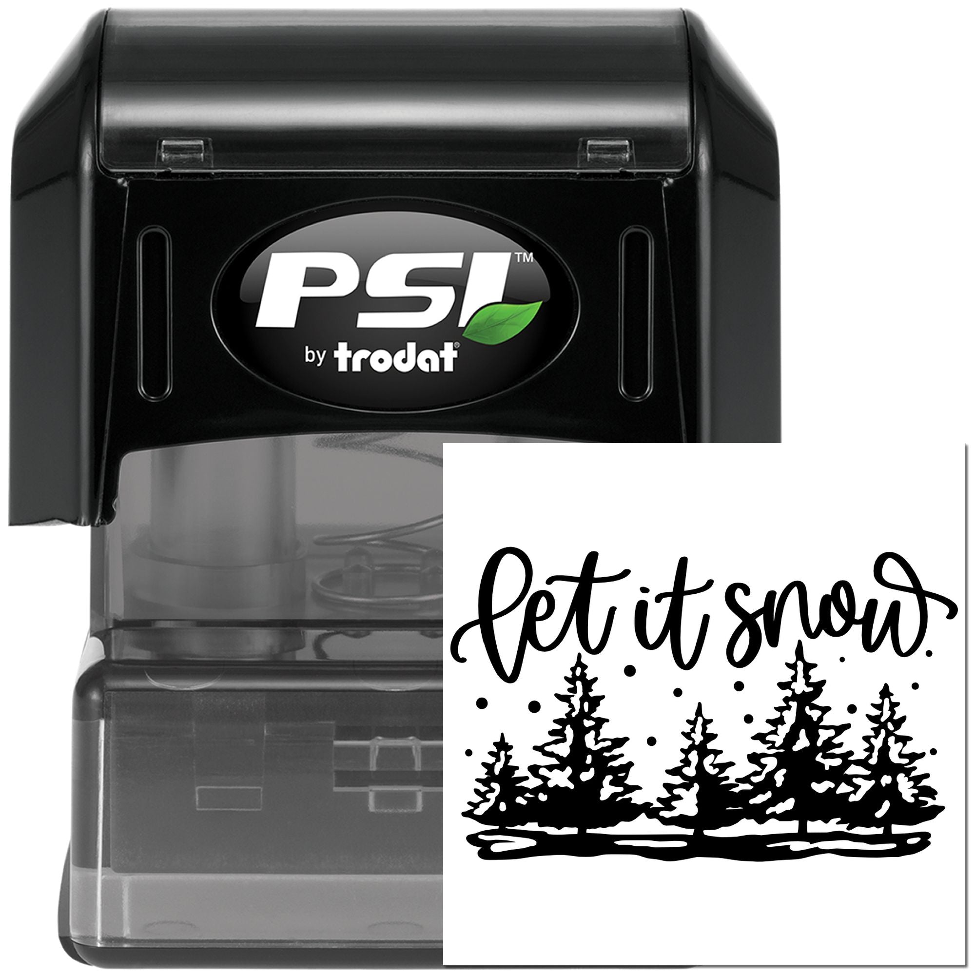 PSI by Trodat self-inking rubber stamp with Let It Snow pine tree design for winter crafts.