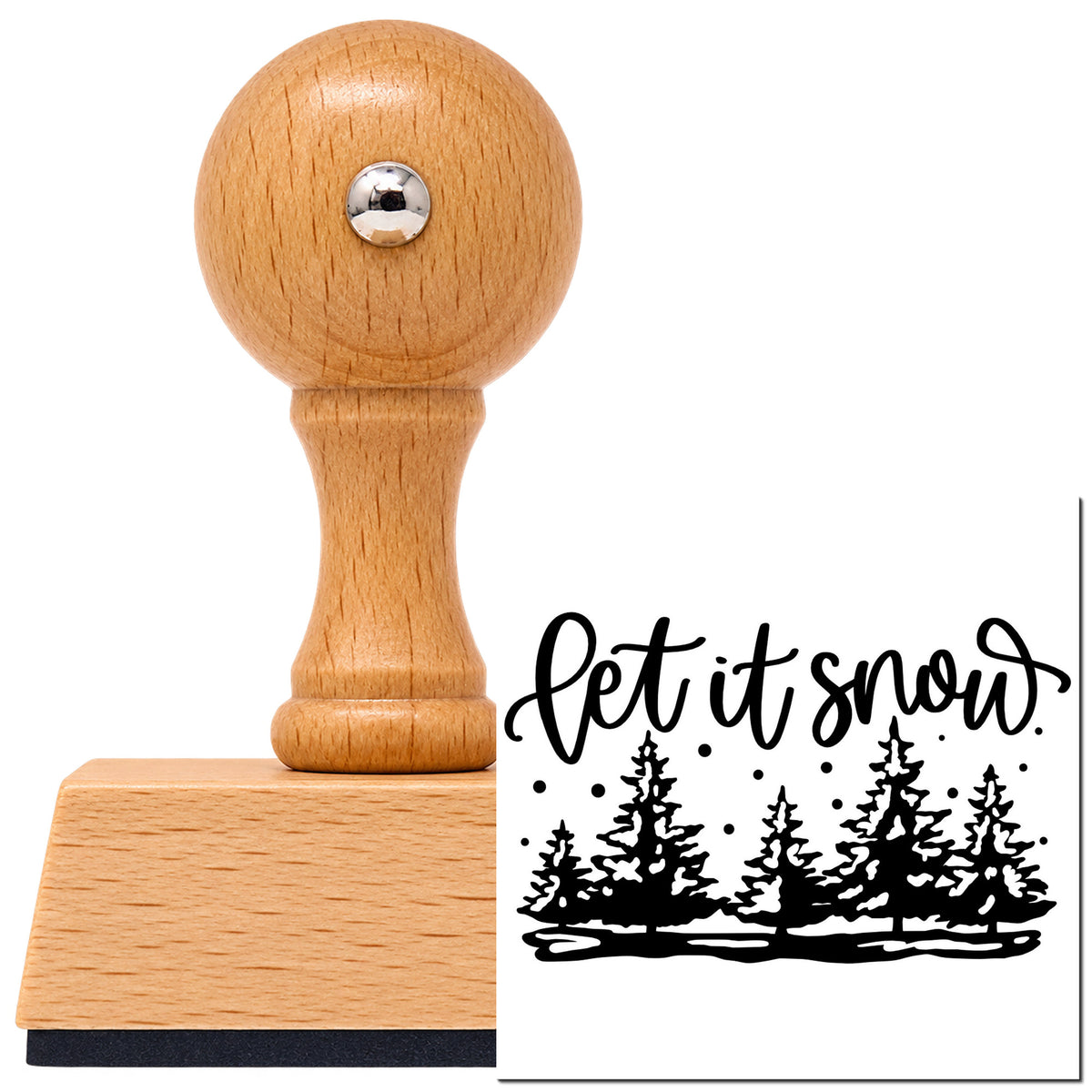 Let It Snow Pine Forest Tree Motif Vintage Pro rubber stamp in European beech wood with a round knob handle, shown beside its black imprint.
