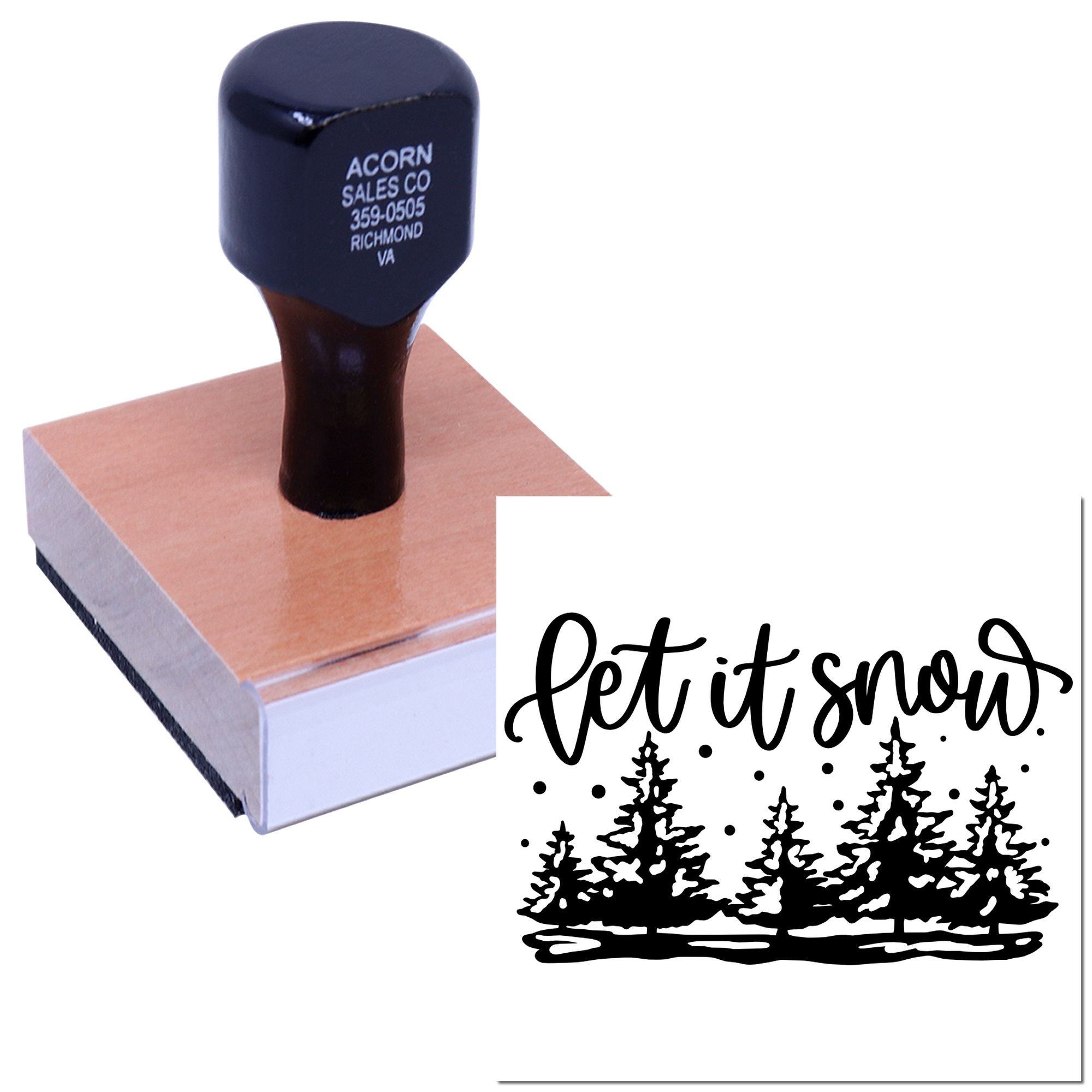 Custom rubber stamp with Let It Snow winter tree design, perfect for holiday card making and seasonal crafts.