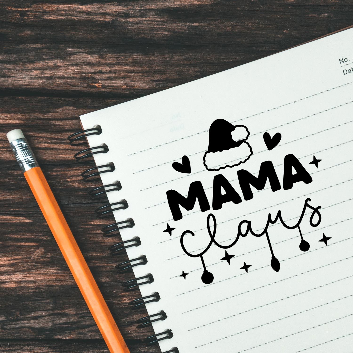 MAMA Claus Christmas rubber stamp design with Santa hat, hearts and stars for holiday crafting and gift making.