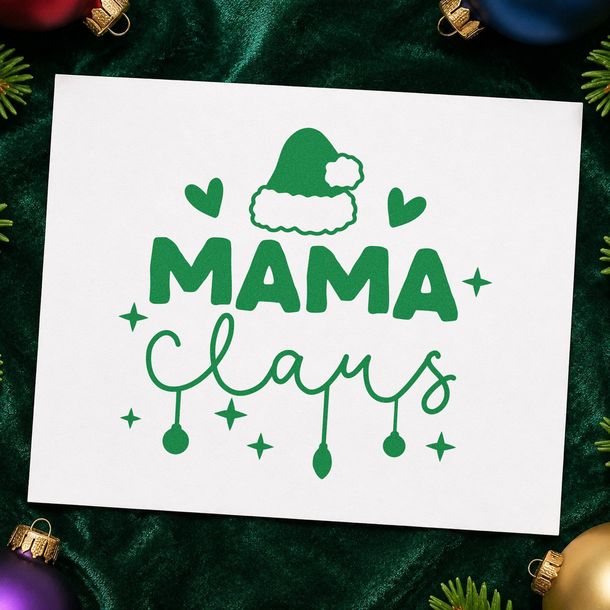 Mama Claus Santa Hat craft stamp imprint in green ink on a handmade project, one idea being mom gift tags.
