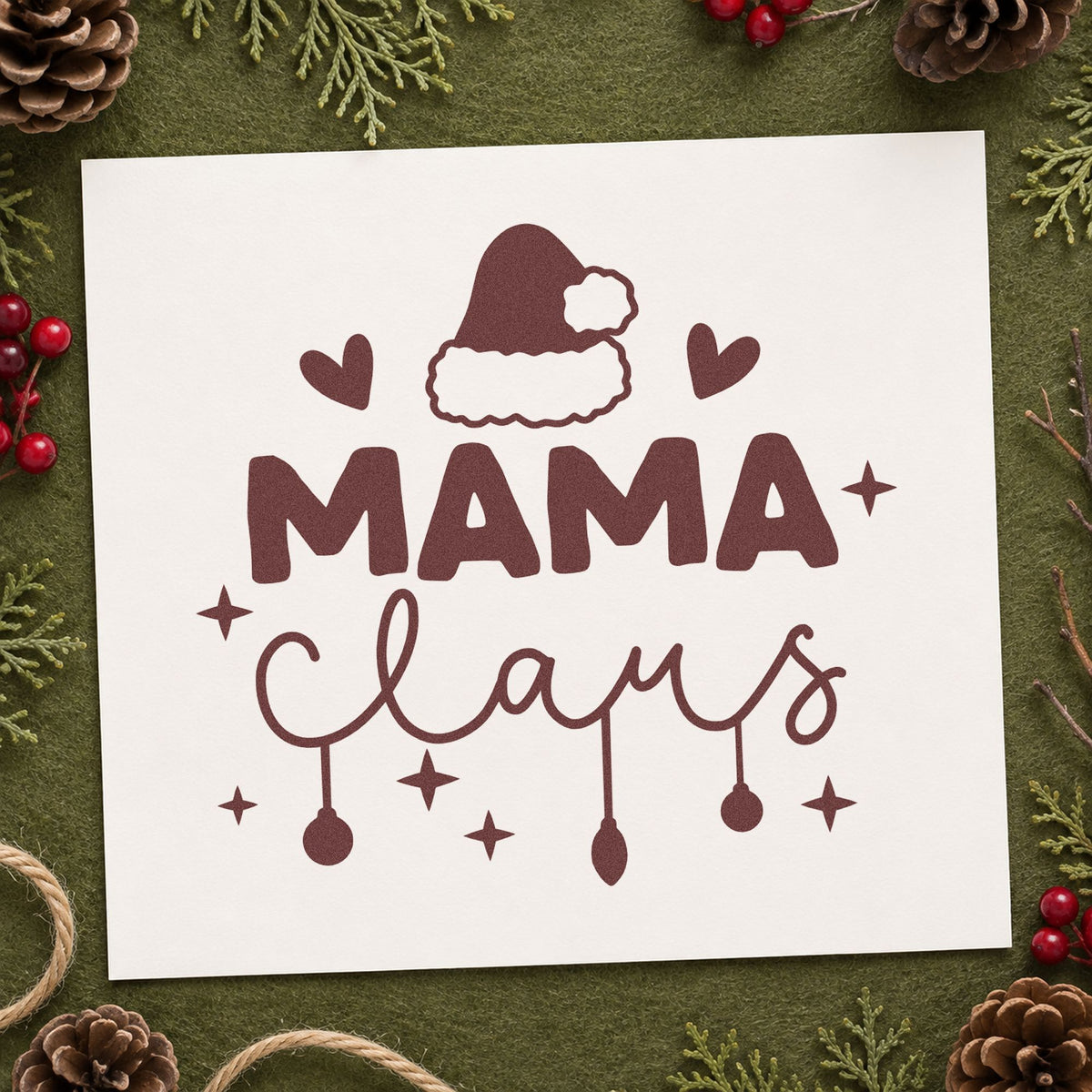 Mama Claus Santa Hat rubber stamp printed in brown ink, ready for holiday task sheet and similar paper crafts.