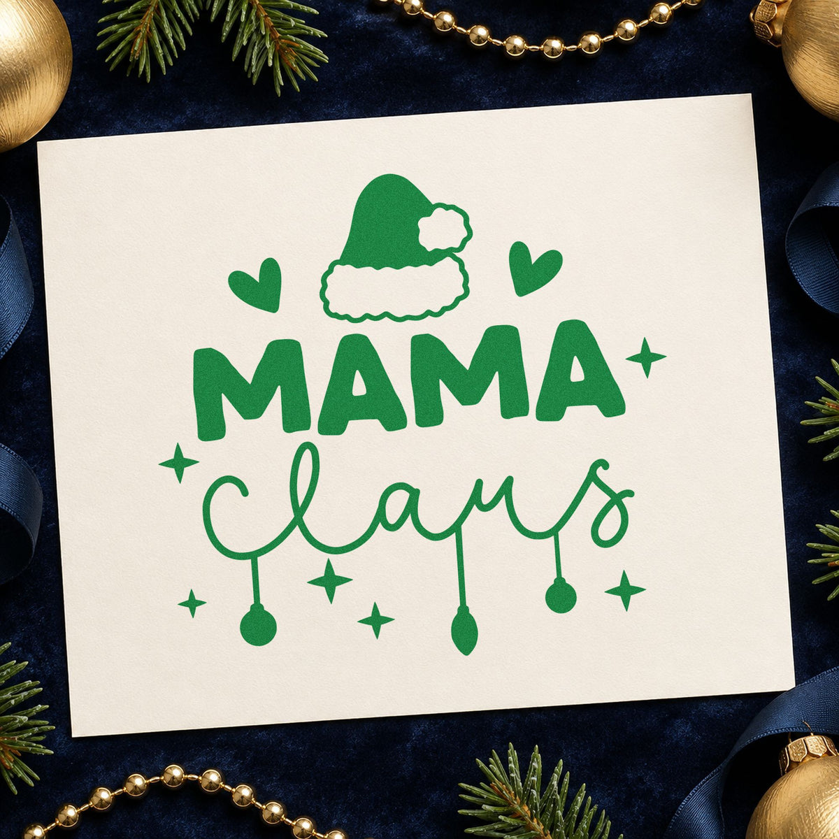 Mama Claus Santa Hat craft stamp imprinted in green ink on paper, a design suited to framed command center.