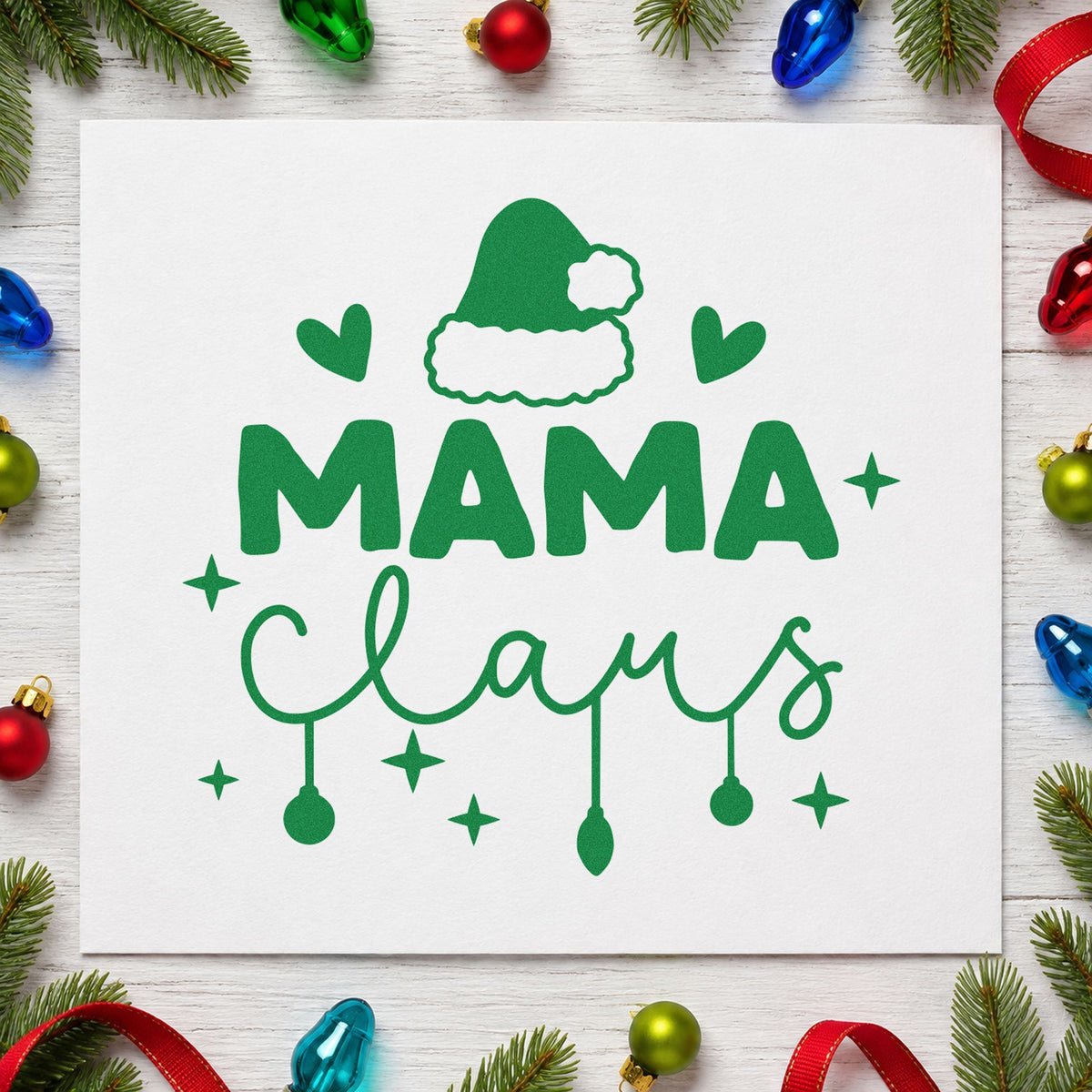 Mama Claus Santa Hat craft stamp imprint in green ink on a handmade project, one idea being spa gift certificates.