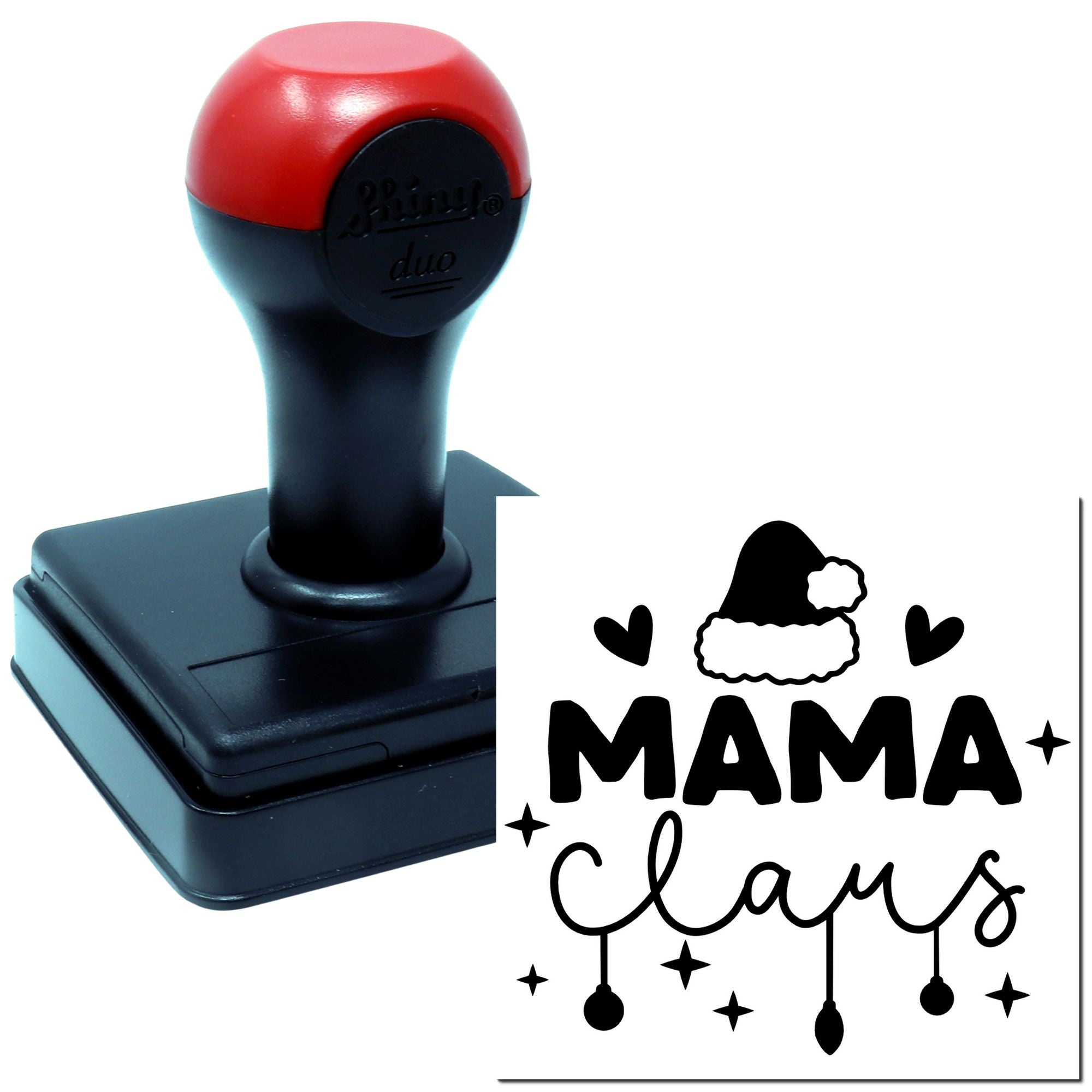 Personalized self-inking rubber stamp with Mama Claus design, Santa hat, and hearts for holiday crafts and gift tags.
