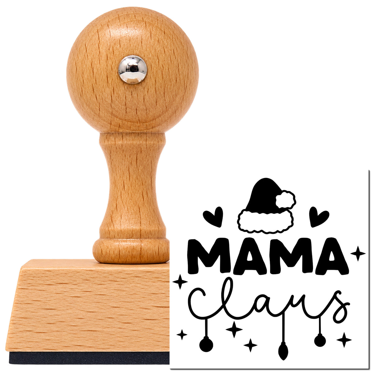 Mama Claus Santa Hat Vintage Pro rubber stamp in European beech wood with a round knob handle, shown beside its black imprint.