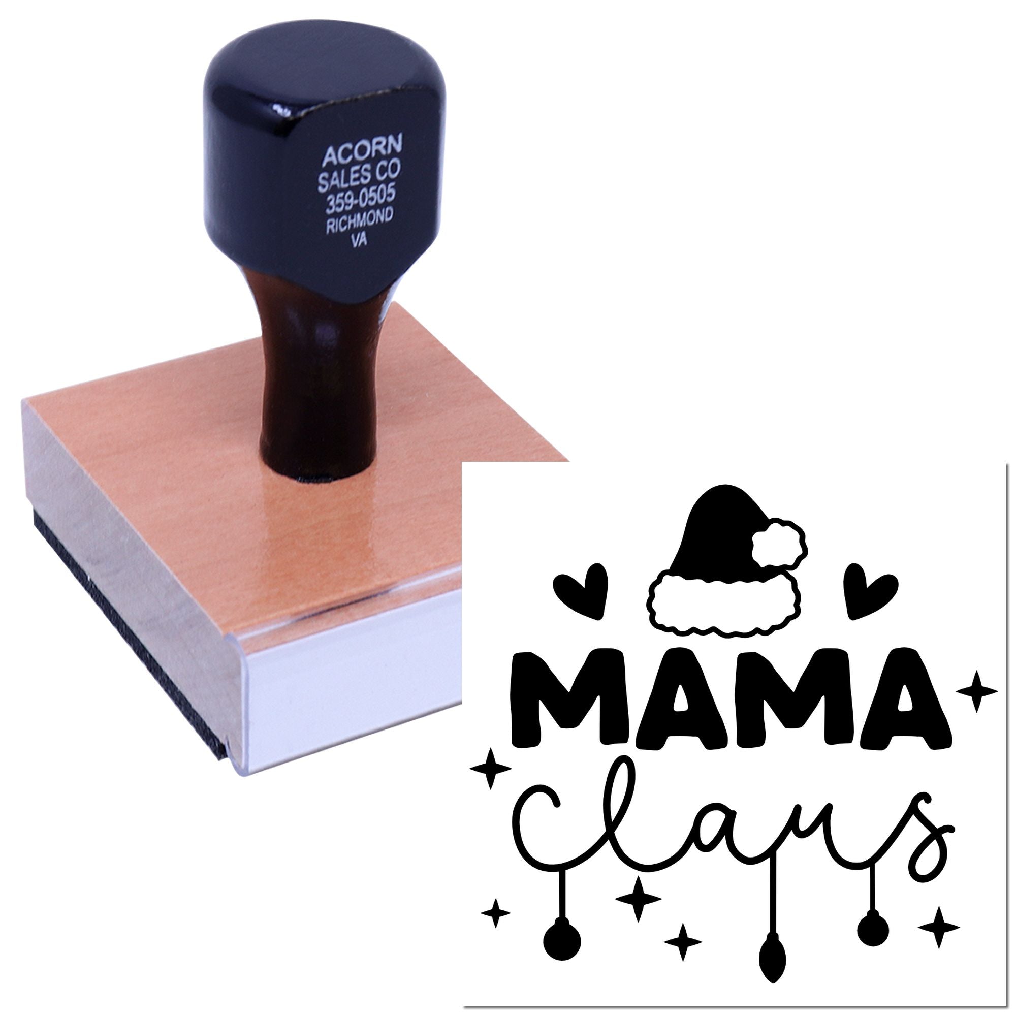 Custom rubber stamp with MAMA Claus holiday design, Santa hat and hearts, for festive gift wrapping, cards and crafts.