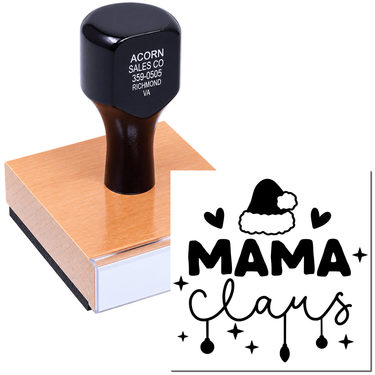 Custom rubber stamp with MAMA Claus holiday design, Santa hat and hearts, for festive gift wrapping, cards and crafts.