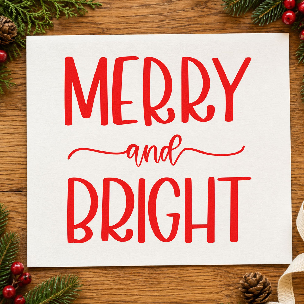 Merry And Bright Simple craft stamp in red ink on cardstock, an easy option for belt strap printing.